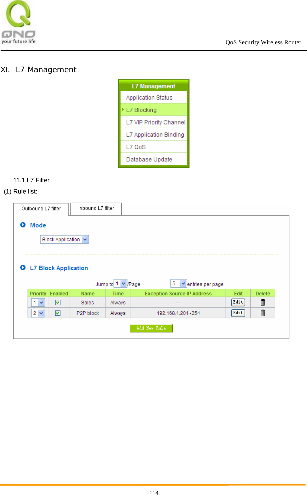                                                             QoS Security Wireless Router      114XI.  L7 Management  11.1 L7 Filter   (1) Rule list:  