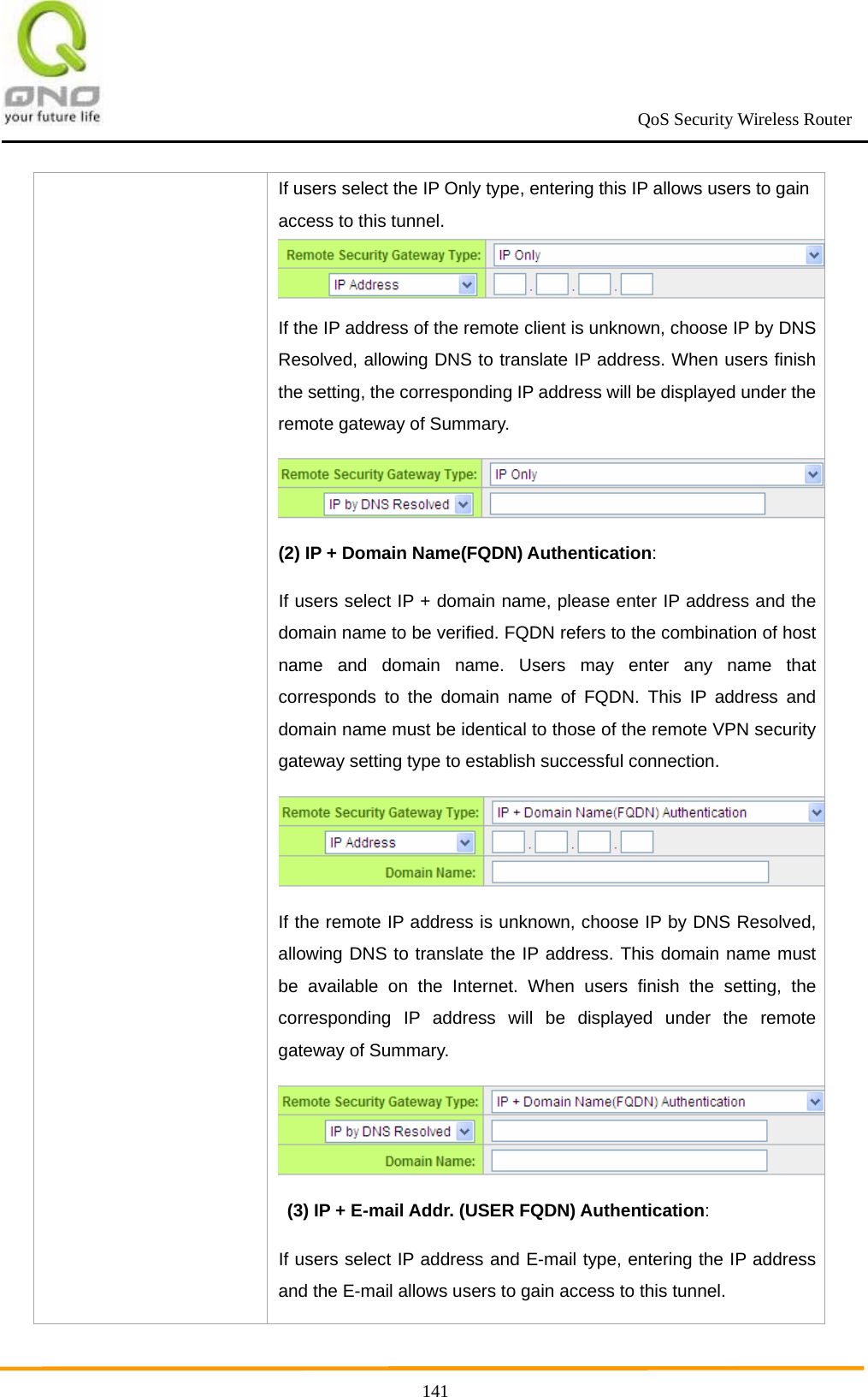                                                             QoS Security Wireless Router      141If users select the IP Only type, entering this IP allows users to gain access to this tunnel.   If the IP address of the remote client is unknown, choose IP by DNS Resolved, allowing DNS to translate IP address. When users finish the setting, the corresponding IP address will be displayed under the remote gateway of Summary. (2) IP + Domain Name(FQDN) Authentication: If users select IP + domain name, please enter IP address and the domain name to be verified. FQDN refers to the combination of host name and domain name. Users may enter any name that corresponds to the domain name of FQDN. This IP address and domain name must be identical to those of the remote VPN security gateway setting type to establish successful connection. If the remote IP address is unknown, choose IP by DNS Resolved, allowing DNS to translate the IP address. This domain name must be available on the Internet. When users finish the setting, the corresponding IP address will be displayed under the remote gateway of Summary.   (3) IP + E-mail Addr. (USER FQDN) Authentication:  If users select IP address and E-mail type, entering the IP address and the E-mail allows users to gain access to this tunnel. 