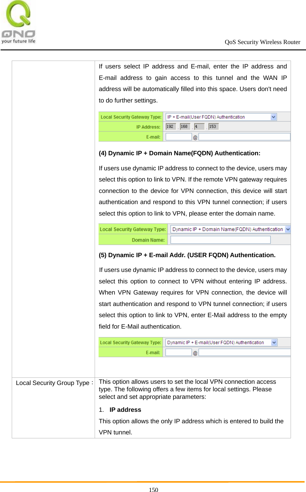                                                             QoS Security Wireless Router      150If users select IP address and E-mail, enter the IP address and E-mail address to gain access to this tunnel and the WAN IP address will be automatically filled into this space. Users don&apos;t need to do further settings. (4) Dynamic IP + Domain Name(FQDN) Authentication:  If users use dynamic IP address to connect to the device, users may select this option to link to VPN. If the remote VPN gateway requires connection to the device for VPN connection, this device will start authentication and respond to this VPN tunnel connection; if users select this option to link to VPN, please enter the domain name. (5) Dynamic IP + E-mail Addr. (USER FQDN) Authentication.   If users use dynamic IP address to connect to the device, users may select this option to connect to VPN without entering IP address. When VPN Gateway requires for VPN connection, the device will start authentication and respond to VPN tunnel connection; if users select this option to link to VPN, enter E-Mail address to the empty field for E-Mail authentication.  Local Security Group Type： This option allows users to set the local VPN connection access type. The following offers a few items for local settings. Please select and set appropriate parameters: 1.  IP address This option allows the only IP address which is entered to build the VPN tunnel. 