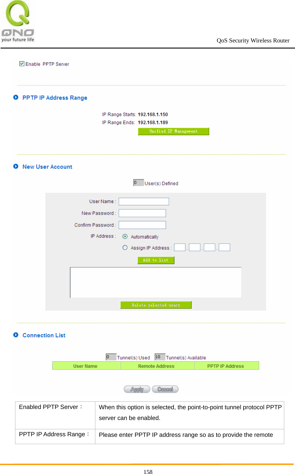                                                             QoS Security Wireless Router      158 Enabled PPTP Server： When this option is selected, the point-to-point tunnel protocol PPTP server can be enabled. PPTP IP Address Range： Please enter PPTP IP address range so as to provide the remote 