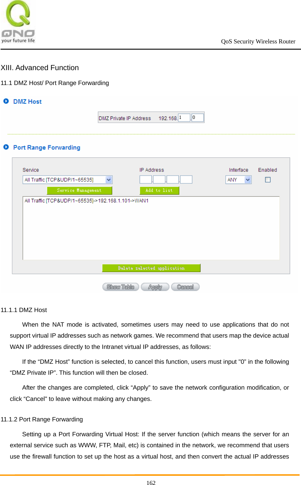                                                             QoS Security Wireless Router      162XIII. Advanced Function 11.1 DMZ Host/ Port Range Forwarding  11.1.1 DMZ Host When the NAT mode is activated, sometimes users may need to use applications that do not support virtual IP addresses such as network games. We recommend that users map the device actual WAN IP addresses directly to the Intranet virtual IP addresses, as follows: If the “DMZ Host” function is selected, to cancel this function, users must input &quot;0” in the following “DMZ Private IP”. This function will then be closed. After the changes are completed, click “Apply” to save the network configuration modification, or click “Cancel&quot; to leave without making any changes.   11.1.2 Port Range Forwarding Setting up a Port Forwarding Virtual Host: If the server function (which means the server for an external service such as WWW, FTP, Mail, etc) is contained in the network, we recommend that users use the firewall function to set up the host as a virtual host, and then convert the actual IP addresses 