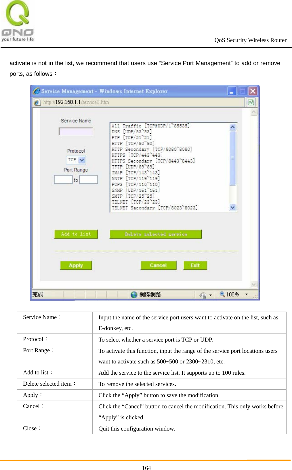                                                             QoS Security Wireless Router      164activate is not in the list, we recommend that users use “Service Port Management” to add or remove ports, as follows：  Service Name： Input the name of the service port users want to activate on the list, such as E-donkey, etc. Protocol： To select whether a service port is TCP or UDP.   Port Range： To activate this function, input the range of the service port locations users want to activate such as 500~500 or 2300~2310, etc.   Add to list： Add the service to the service list. It supports up to 100 rules. Delete selected item： To remove the selected services.   Apply： Click the “Apply” button to save the modification. Cancel： Click the “Cancel” button to cancel the modification. This only works before “Apply” is clicked. Close： Quit this configuration window.   