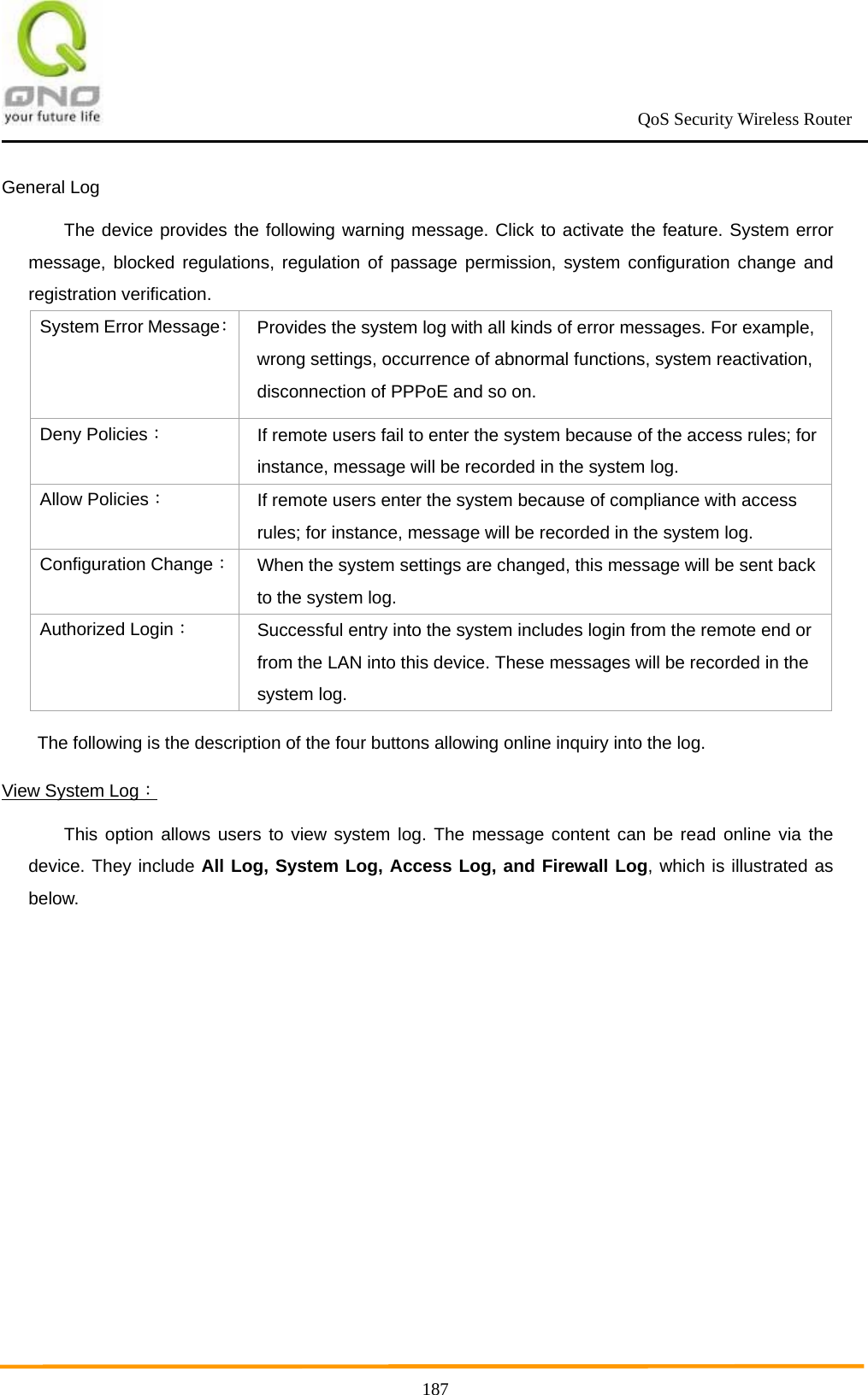                                                             QoS Security Wireless Router      187General Log   The device provides the following warning message. Click to activate the feature. System error message, blocked regulations, regulation of passage permission, system configuration change and registration verification.   System Error Message：Provides the system log with all kinds of error messages. For example, wrong settings, occurrence of abnormal functions, system reactivation, disconnection of PPPoE and so on. Deny Policies： If remote users fail to enter the system because of the access rules; for instance, message will be recorded in the system log. Allow Policies： If remote users enter the system because of compliance with access rules; for instance, message will be recorded in the system log. Configuration Change：When the system settings are changed, this message will be sent back to the system log. Authorized Login： Successful entry into the system includes login from the remote end or from the LAN into this device. These messages will be recorded in the system log. The following is the description of the four buttons allowing online inquiry into the log. View System Log： This option allows users to view system log. The message content can be read online via the device. They include All Log, System Log, Access Log, and Firewall Log, which is illustrated as below. 