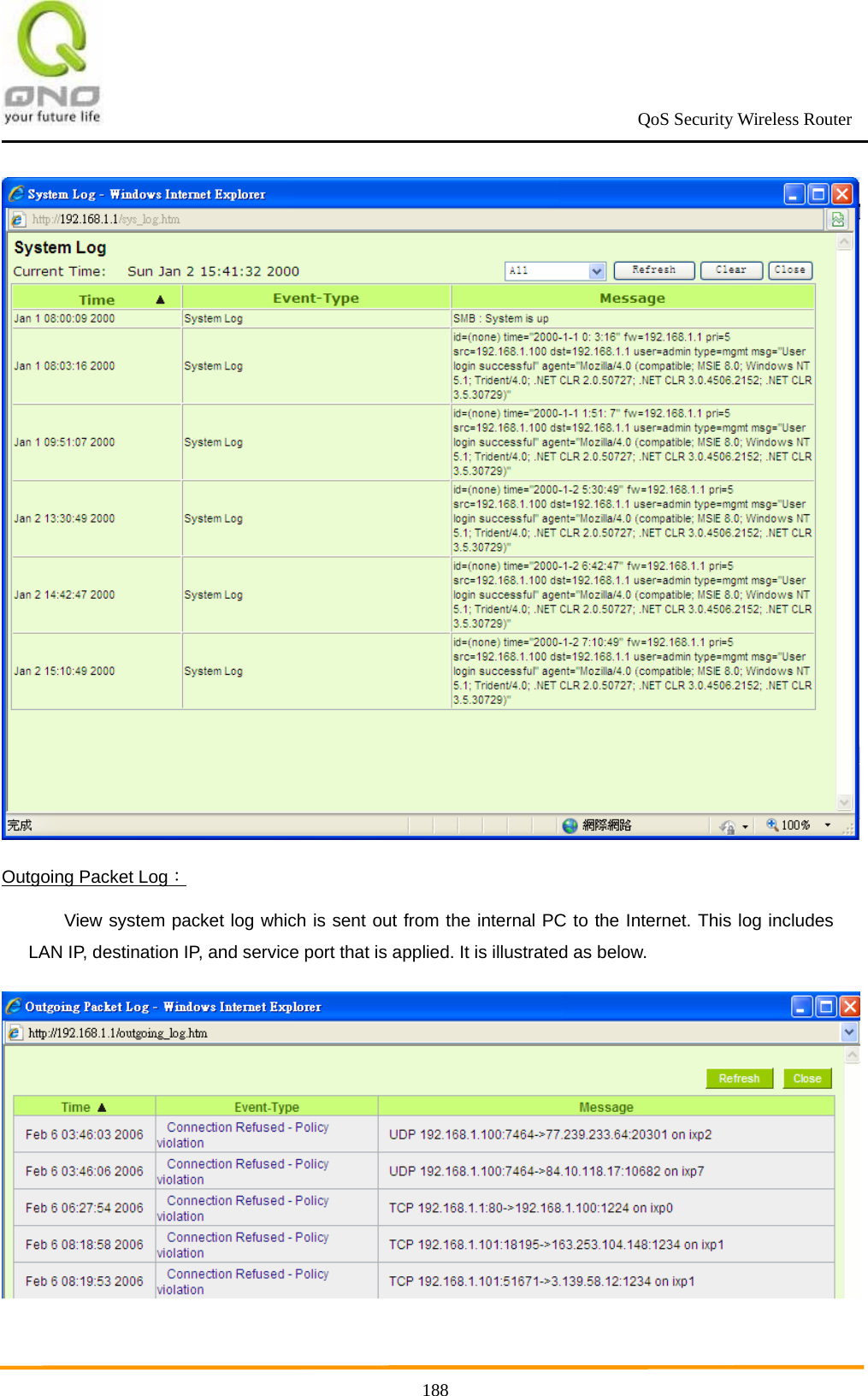                                                             QoS Security Wireless Router      188 Outgoing Packet Log： View system packet log which is sent out from the internal PC to the Internet. This log includes LAN IP, destination IP, and service port that is applied. It is illustrated as below.  