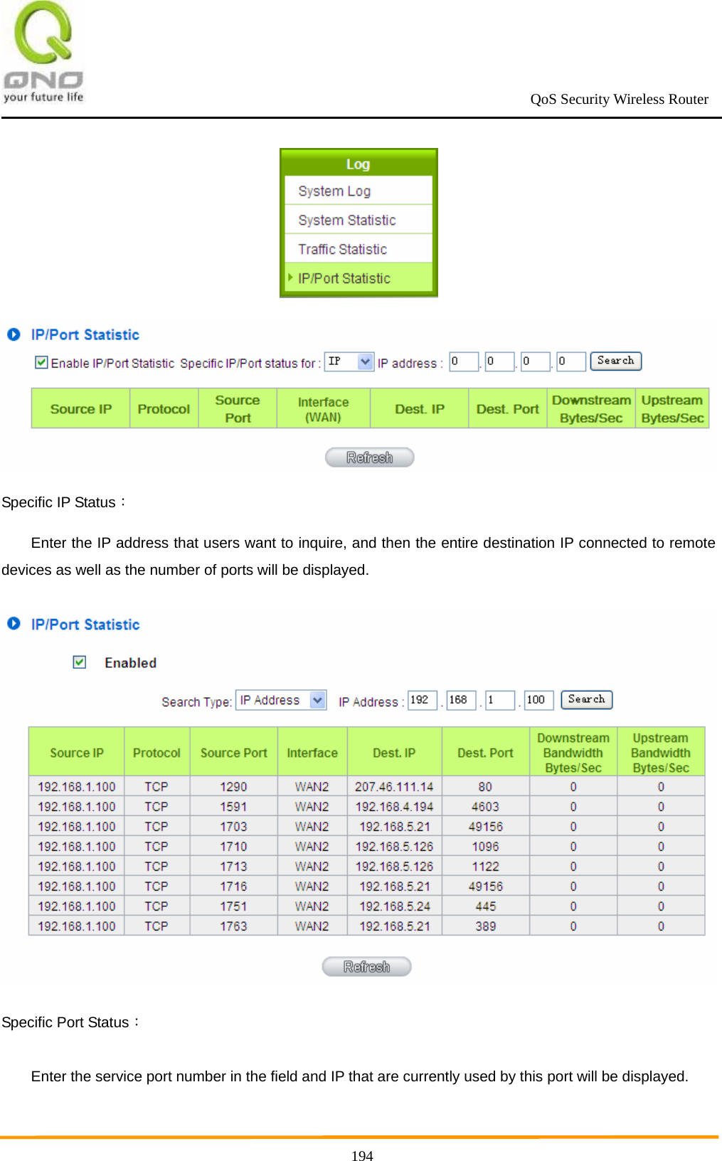                                                             QoS Security Wireless Router      194  Specific IP Status：  Enter the IP address that users want to inquire, and then the entire destination IP connected to remote devices as well as the number of ports will be displayed.    Specific Port Status： Enter the service port number in the field and IP that are currently used by this port will be displayed.   