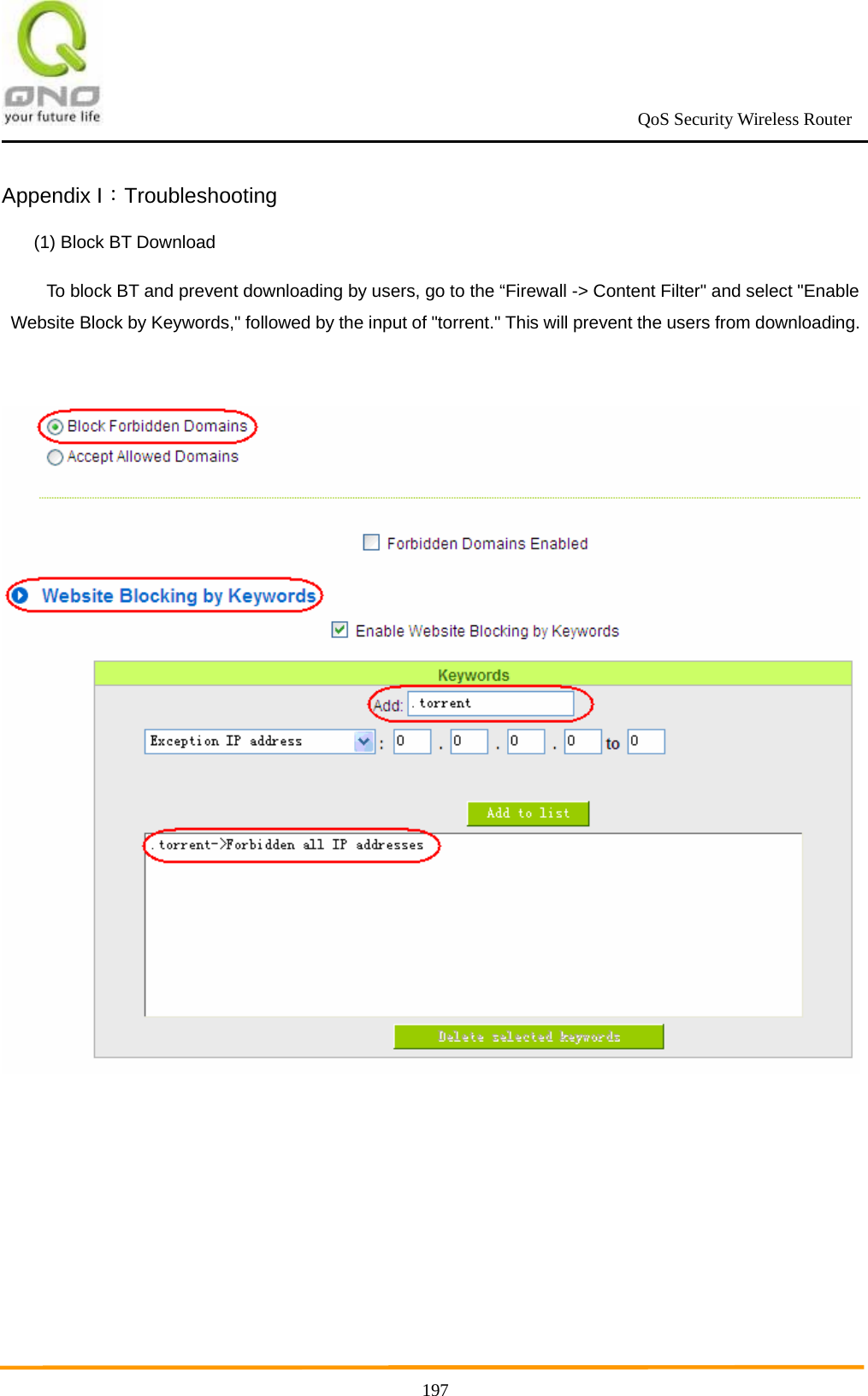                                                             QoS Security Wireless Router      197Appendix I：Troubleshooting (1) Block BT Download To block BT and prevent downloading by users, go to the “Firewall -&gt; Content Filter&quot; and select &quot;Enable Website Block by Keywords,&quot; followed by the input of &quot;torrent.&quot; This will prevent the users from downloading.    