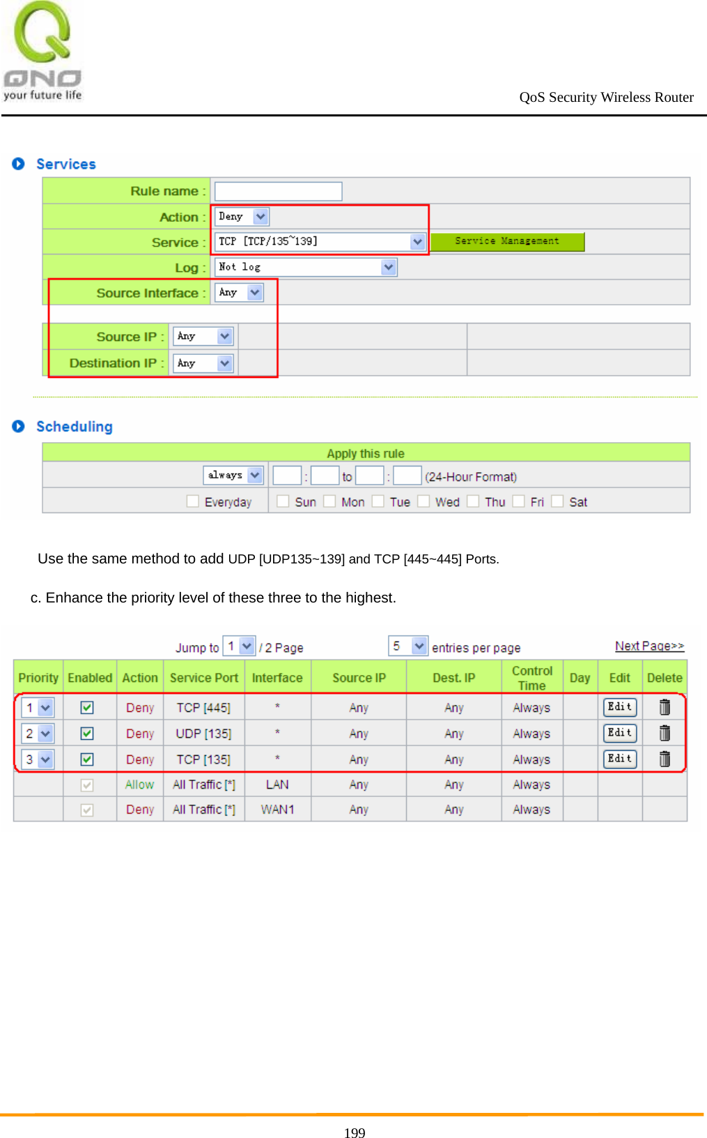                                                             QoS Security Wireless Router      199 Use the same method to add UDP [UDP135~139] and TCP [445~445] Ports. c. Enhance the priority level of these three to the highest.  