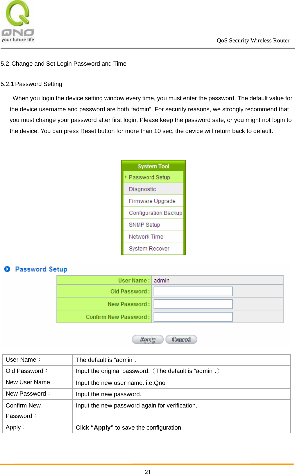                                                             QoS Security Wireless Router      215.2 Change and Set Login Password and Time   5.2.1 Password Setting When you login the device setting window every time, you must enter the password. The default value for the device username and password are both “admin”. For security reasons, we strongly recommend that you must change your password after first login. Please keep the password safe, or you might not login to the device. You can press Reset button for more than 10 sec, the device will return back to default.    User Name： The default is “admin”. Old Password：  Input the original password.（The default is “admin”.） New User Name： Input the new user name. i.e.Qno New Password： Input the new password. Confirm New Password： Input the new password again for verification. Apply： Click “Apply” to save the configuration. 