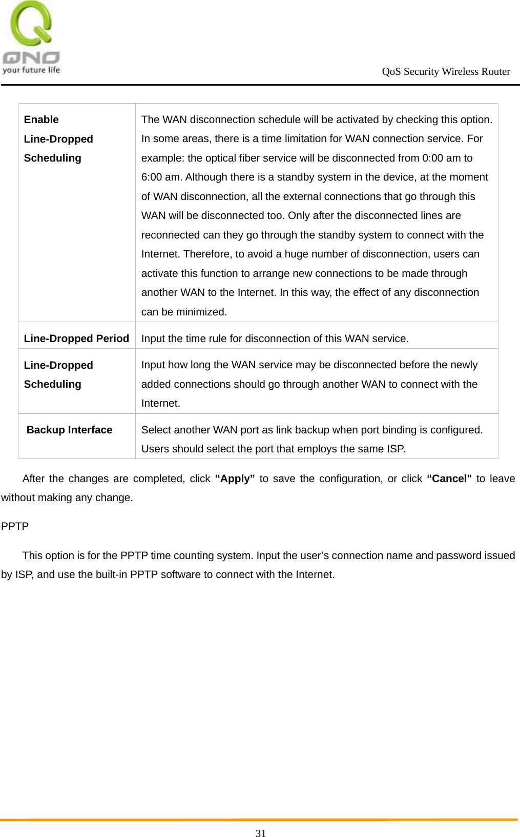                                                             QoS Security Wireless Router      31Enable Line-Dropped Scheduling The WAN disconnection schedule will be activated by checking this option. In some areas, there is a time limitation for WAN connection service. For example: the optical fiber service will be disconnected from 0:00 am to 6:00 am. Although there is a standby system in the device, at the moment of WAN disconnection, all the external connections that go through this WAN will be disconnected too. Only after the disconnected lines are reconnected can they go through the standby system to connect with the Internet. Therefore, to avoid a huge number of disconnection, users can activate this function to arrange new connections to be made through another WAN to the Internet. In this way, the effect of any disconnection can be minimized. Line-Dropped Period Input the time rule for disconnection of this WAN service.   Line-Dropped Scheduling Input how long the WAN service may be disconnected before the newly added connections should go through another WAN to connect with the Internet. Backup Interface  Select another WAN port as link backup when port binding is configured. Users should select the port that employs the same ISP. After the changes are completed, click “Apply” to save the configuration, or click “Cancel&quot; to leave without making any change. PPTP This option is for the PPTP time counting system. Input the user’s connection name and password issued by ISP, and use the built-in PPTP software to connect with the Internet. 