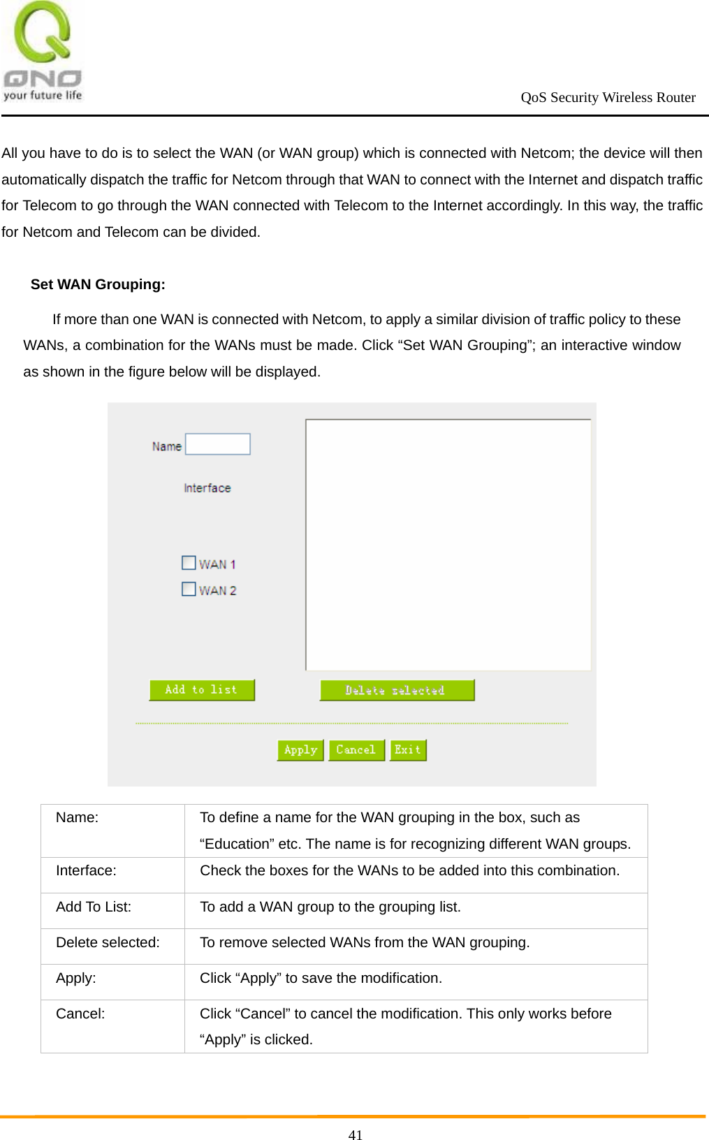                                                             QoS Security Wireless Router      41All you have to do is to select the WAN (or WAN group) which is connected with Netcom; the device will then automatically dispatch the traffic for Netcom through that WAN to connect with the Internet and dispatch traffic for Telecom to go through the WAN connected with Telecom to the Internet accordingly. In this way, the traffic for Netcom and Telecom can be divided. Set WAN Grouping: If more than one WAN is connected with Netcom, to apply a similar division of traffic policy to these WANs, a combination for the WANs must be made. Click “Set WAN Grouping”; an interactive window as shown in the figure below will be displayed.    Name:  To define a name for the WAN grouping in the box, such as “Education” etc. The name is for recognizing different WAN groups. Interface:  Check the boxes for the WANs to be added into this combination.   Add To List:  To add a WAN group to the grouping list.   Delete selected:  To remove selected WANs from the WAN grouping.   Apply:  Click “Apply” to save the modification. Cancel:  Click “Cancel” to cancel the modification. This only works before “Apply” is clicked.   