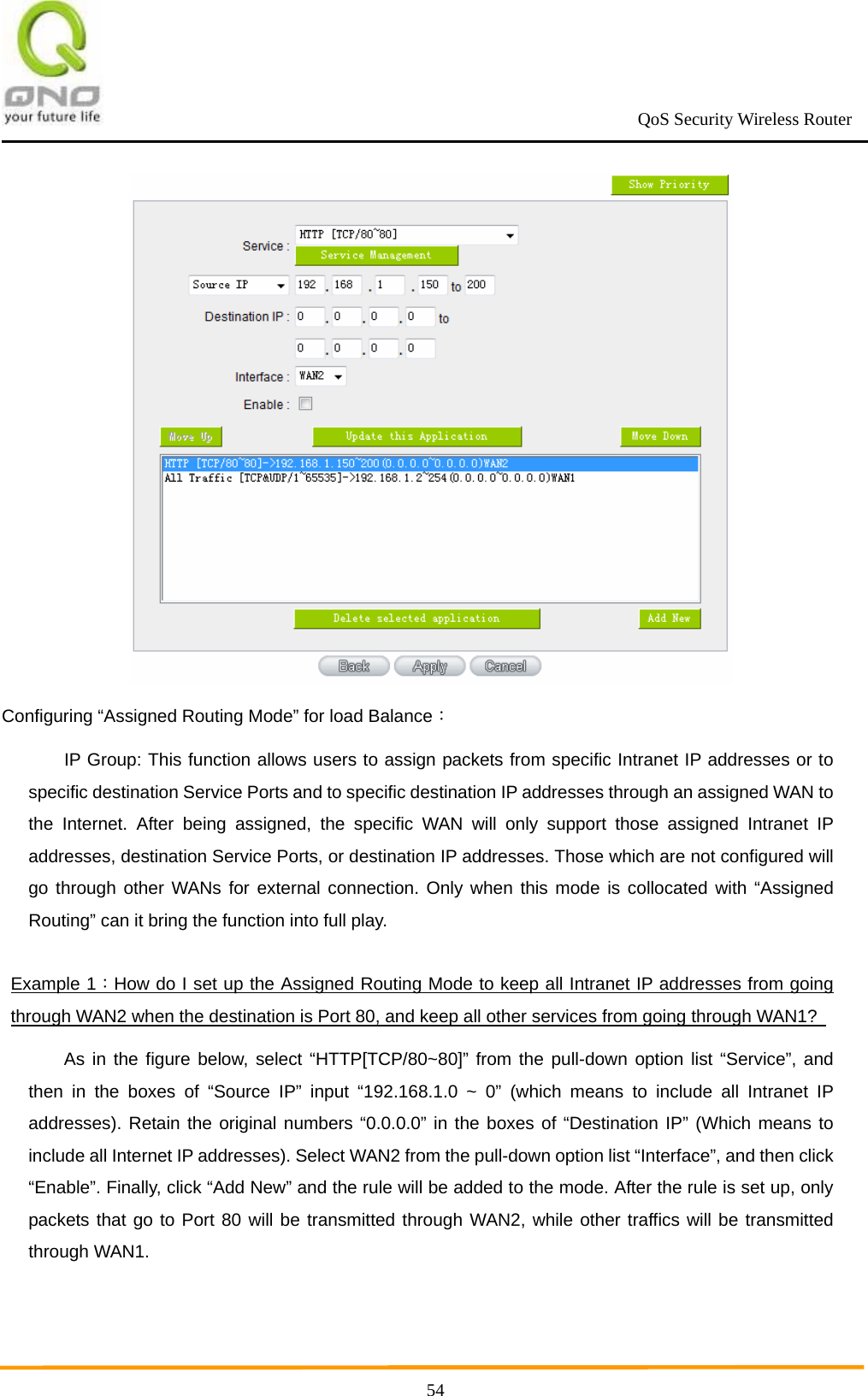                                                             QoS Security Wireless Router      54 Configuring “Assigned Routing Mode” for load Balance： IP Group: This function allows users to assign packets from specific Intranet IP addresses or to specific destination Service Ports and to specific destination IP addresses through an assigned WAN to the Internet. After being assigned, the specific WAN will only support those assigned Intranet IP addresses, destination Service Ports, or destination IP addresses. Those which are not configured will go through other WANs for external connection. Only when this mode is collocated with “Assigned Routing” can it bring the function into full play. Example 1：How do I set up the Assigned Routing Mode to keep all Intranet IP addresses from going through WAN2 when the destination is Port 80, and keep all other services from going through WAN1?   As in the figure below, select “HTTP[TCP/80~80]” from the pull-down option list “Service”, and then in the boxes of “Source IP” input “192.168.1.0 ~ 0” (which means to include all Intranet IP addresses). Retain the original numbers “0.0.0.0” in the boxes of “Destination IP” (Which means to include all Internet IP addresses). Select WAN2 from the pull-down option list “Interface”, and then click “Enable”. Finally, click “Add New” and the rule will be added to the mode. After the rule is set up, only packets that go to Port 80 will be transmitted through WAN2, while other traffics will be transmitted through WAN1. 