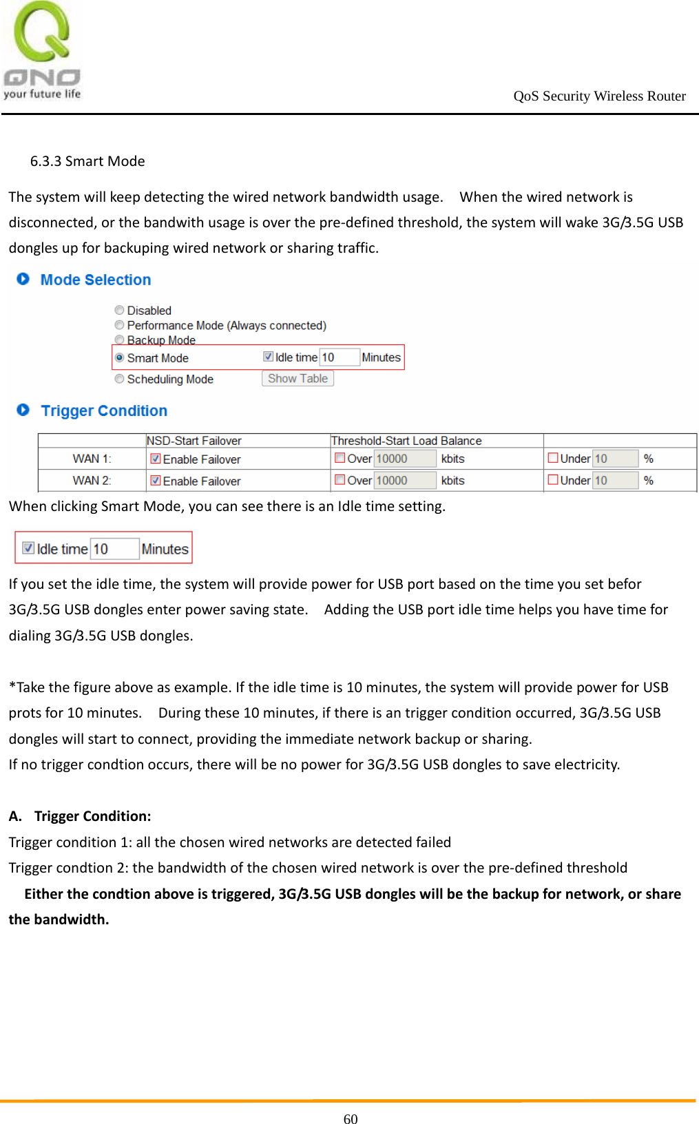                                                             QoS Security Wireless Router      606.3.3SmartModeThesystemwillkeepdetectingthewirednetworkbandwidthusage.Whenthewirednetworkisdisconnected,orthebandwithusageisoverthepre‐definedthreshold,thesystemwillwake3G/3.5GUSBdonglesupforbackupingwirednetworkorsharingtraffic.WhenclickingSmartMode,youcanseethereisanIdletimesetting.Ifyousettheidletime,thesystemwillprovidepowerforUSBportbasedonthetimeyousetbefor3G/3.5GUSBdonglesenterpowersavingstate.AddingtheUSBportidletimehelpsyouhavetimefordialing3G/3.5GUSBdongles.*Takethefigureaboveasexample.Iftheidletimeis10minutes,thesystemwillprovidepowerforUSBprotsfor10minutes.Duringthese10minutes,ifthereisantriggerconditionoccurred,3G/3.5GUSBdongleswillstarttoconnect,providingtheimmediatenetworkbackuporsharing.Ifnotriggercondtionoccurs,therewillbenopowerfor3G/3.5GUSBdonglestosaveelectricity.A. TriggerCondition:Triggercondition1:allthechosenwirednetworksaredetectedfailedTriggercondtion2:thebandwidthofthechosenwirednetworkisoverthepre‐definedthresholdEitherthecondtionaboveistriggered,3G/3.5GUSBdongleswillbethebackupfornetwork,orsharethebandwidth.