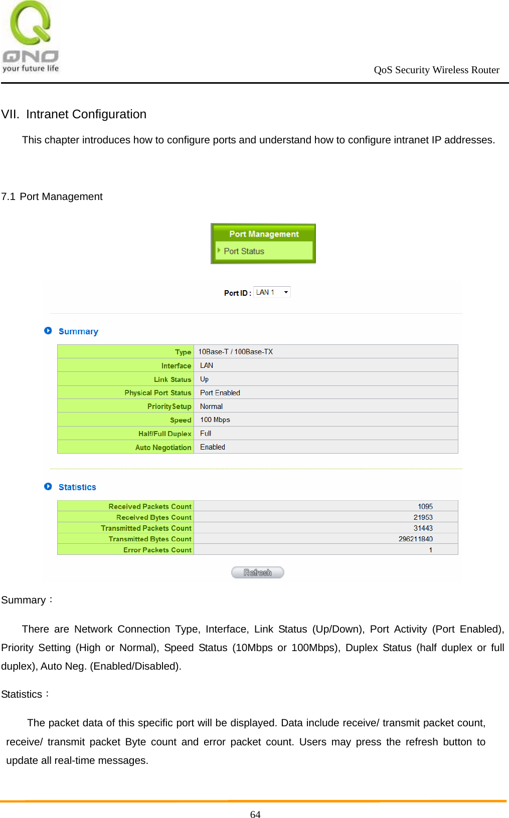                                                             QoS Security Wireless Router      64VII. Intranet Configuration This chapter introduces how to configure ports and understand how to configure intranet IP addresses.  7.1 Port Management   Summary： There are Network Connection Type, Interface, Link Status (Up/Down), Port Activity (Port Enabled), Priority Setting (High or Normal), Speed Status (10Mbps or 100Mbps), Duplex Status (half duplex or full duplex), Auto Neg. (Enabled/Disabled). Statistics： The packet data of this specific port will be displayed. Data include receive/ transmit packet count, receive/ transmit packet Byte count and error packet count. Users may press the refresh button to update all real-time messages.  