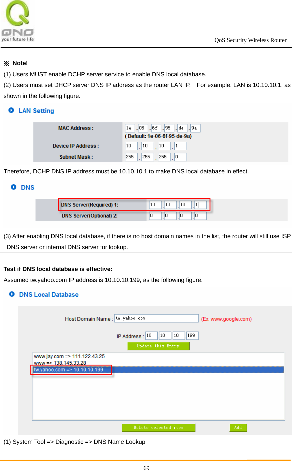                                                             QoS Security Wireless Router      69※ Note! (1) Users MUST enable DCHP server service to enable DNS local database. (2) Users must set DHCP server DNS IP address as the router LAN IP.    For example, LAN is 10.10.10.1, as shown in the following figure. Therefore, DCHP DNS IP address must be 10.10.10.1 to make DNS local database in effect. (3) After enabling DNS local database, if there is no host domain names in the list, the router will still use ISP DNS server or internal DNS server for lookup.  Test if DNS local database is effective: Assumed tw.yahoo.com IP address is 10.10.10.199, as the following figure.  (1) System Tool =&gt; Diagnostic =&gt; DNS Name Lookup 