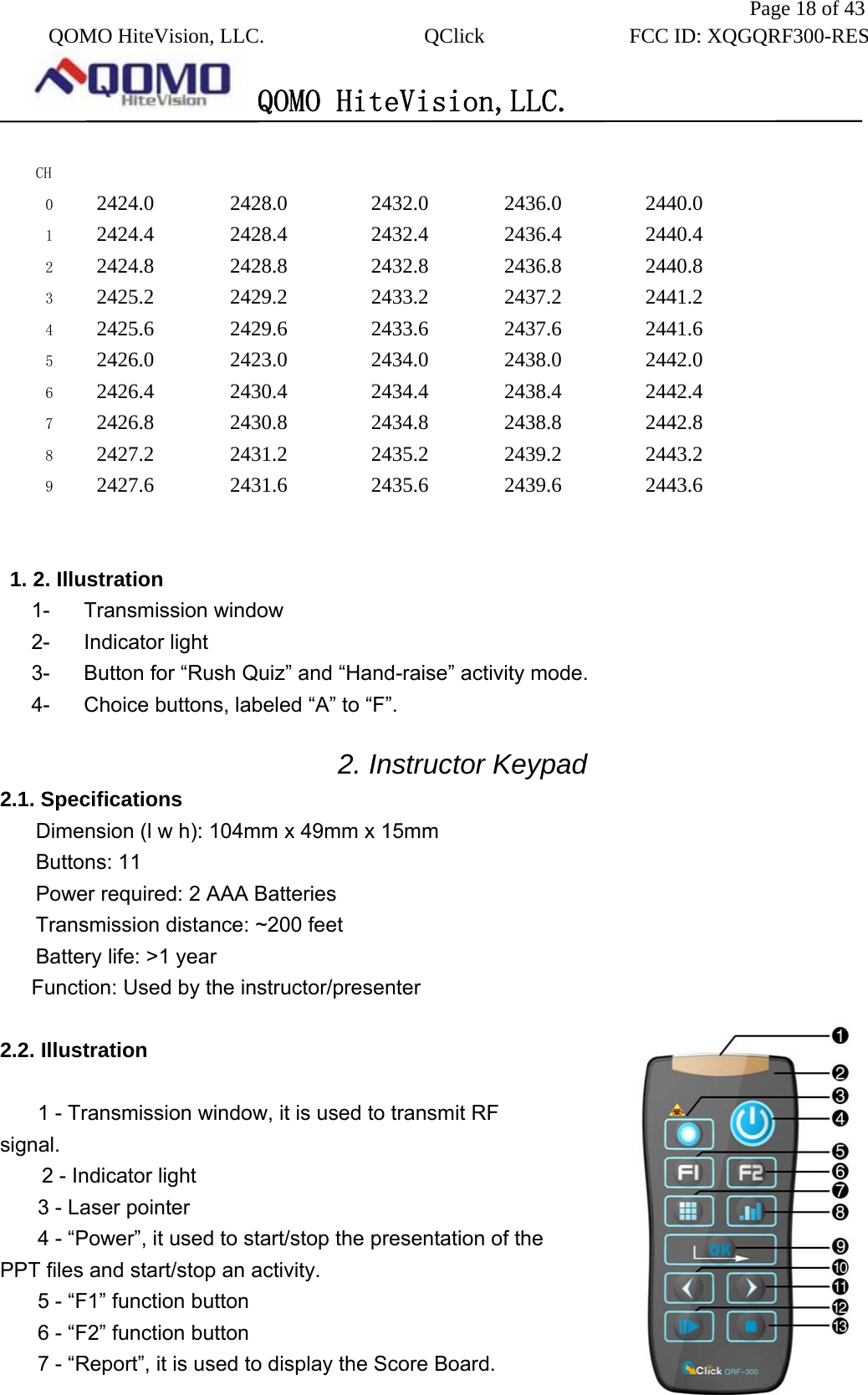               Page 18 of 43  QOMO HiteVision, LLC.  QClick        FCC ID: XQGQRF300-RES      QOMO HiteVision,LLC.   CH           0  2424.0 2428.0 2432.0 2436.0 2440.0 1  2424.4 2428.4 2432.4 2436.4 2440.4 2  2424.8 2428.8 2432.8 2436.8 2440.8 3  2425.2 2429.2 2433.2 2437.2 2441.2 4  2425.6 2429.6 2433.6 2437.6 2441.6 5  2426.0 2423.0 2434.0 2438.0 2442.0 6  2426.4 2430.4 2434.4 2438.4 2442.4 7  2426.8 2430.8 2434.8 2438.8 2442.8 8  2427.2 2431.2 2435.2 2439.2 2443.2 9  2427.6 2431.6 2435.6 2439.6 2443.6   1. 2. Illustration   1- Transmission window  2- Indicator light 3-  Button for “Rush Quiz” and “Hand-raise” activity mode. 4-  Choice buttons, labeled “A” to “F”.  2. Instructor Keypad   2.1. Specifications Dimension (l w h): 104mm x 49mm x 15mm Buttons: 11 Power required: 2 AAA Batteries Transmission distance: ~200 feet Battery life: &gt;1 year   Function: Used by the instructor/presenter    2.2. Illustration  1 - Transmission window, it is used to transmit RF signal.    2 - Indicator light 3 - Laser pointer 4 - “Power”, it used to start/stop the presentation of the PPT files and start/stop an activity.   5 - “F1” function button 6 - “F2” function button 7 - “Report”, it is used to display the Score Board. 