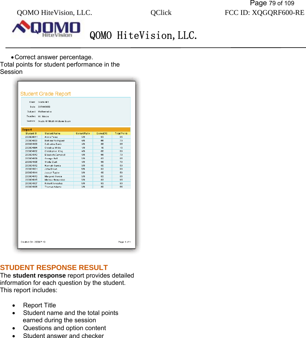           Page 79 of 109 QOMO HiteVision, LLC.  QClick        FCC ID: XQGQRF600-RE     QOMO HiteVision,LLC.   • Correct answer percentage. Total points for student performance in the   Session  STUDENT RESPONSE RESULT The student response report provides detailed   information for each question by the student.   This report includes:  •  Report Title •  Student name and the total points     earned during the session •  Questions and option content •  Student answer and checker 