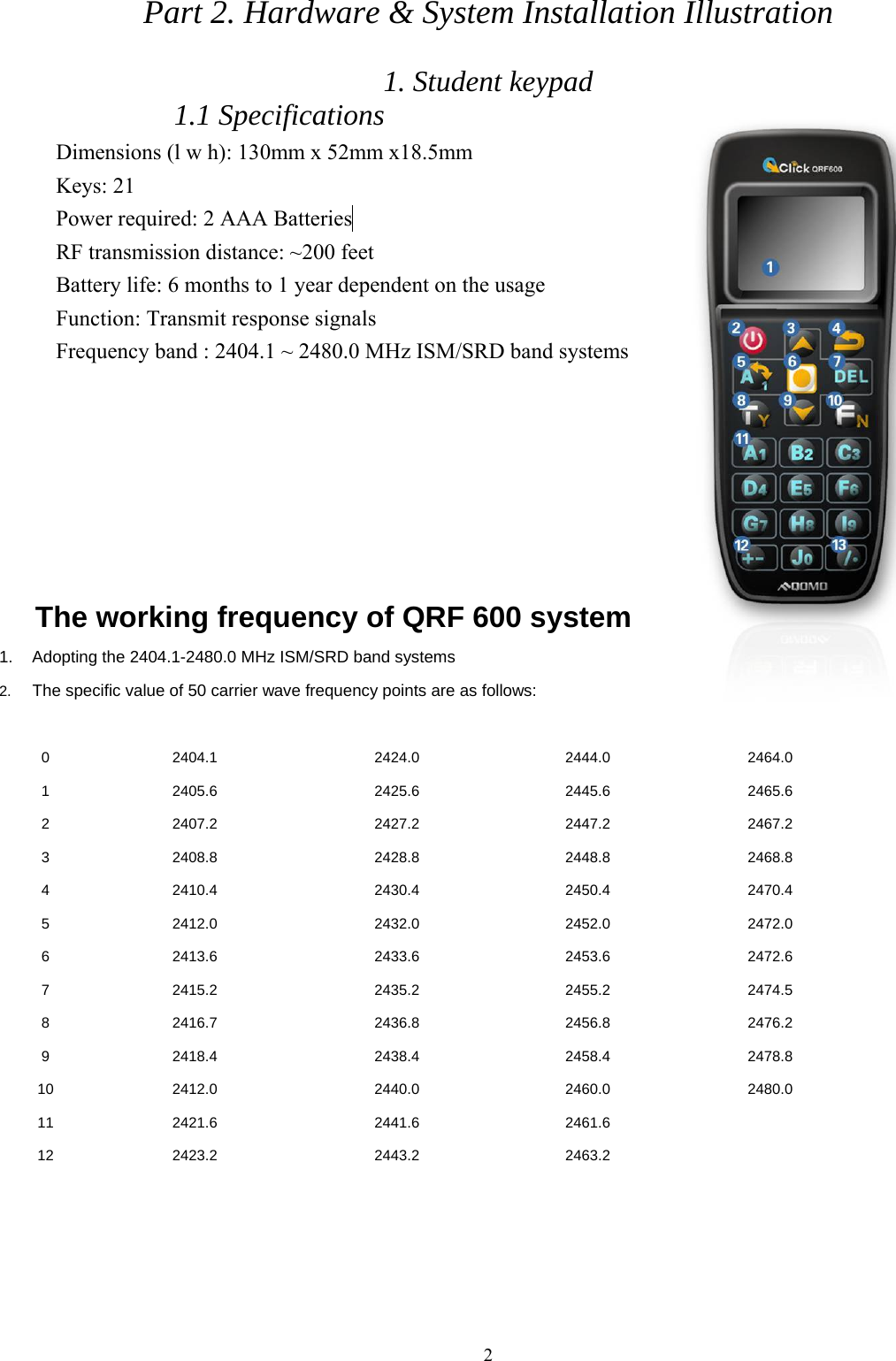  2  Part 2. Hardware &amp; System Installation Illustration  1. Student keypad   1.1 Specifications Dimensions (l w h): 130mm x 52mm x18.5mm Keys: 21 Power required: 2 AAA Batteries  RF transmission distance: ~200 feet Battery life: 6 months to 1 year dependent on the usage Function: Transmit response signals Frequency band : 2404.1 ~ 2480.0 MHz ISM/SRD band systems          The working frequency of QRF 600 system 1. Adopting the 2404.1-2480.0 MHz ISM/SRD band systems 2.  The specific value of 50 carrier wave frequency points are as follows:                                                              0 2404.1  2424.0  2444.0  2464.0 1 2405.6  2425.6  2445.6  2465.6 2 2407.2  2427.2  2447.2  2467.2 3 2408.8  2428.8  2448.8  2468.8 4 2410.4  2430.4  2450.4  2470.4 5 2412.0  2432.0  2452.0  2472.0 6 2413.6  2433.6  2453.6  2472.6 7 2415.2  2435.2  2455.2  2474.5 8 2416.7  2436.8  2456.8  2476.2 9 2418.4  2438.4  2458.4  2478.8 10 2412.0  2440.0  2460.0  2480.0 11 2421.6  2441.6  2461.6   12 2423.2  2443.2  2463.2    