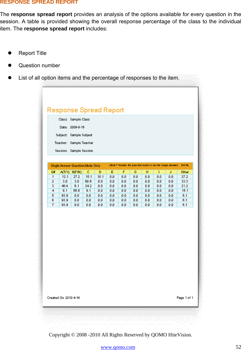 Copyright © 2008 -2010 All Rights Reserved by QOMO HiteVision. www.qomo.com                                                                          52 RESPONSE SPREAD REPORT The response spread report provides an analysis of the options available for every question in the session. A table is provided showing the overall response percentage of the class to the individual item. The response spread report includes:    Report Title   Question number   List of all option items and the percentage of responses to the item.   