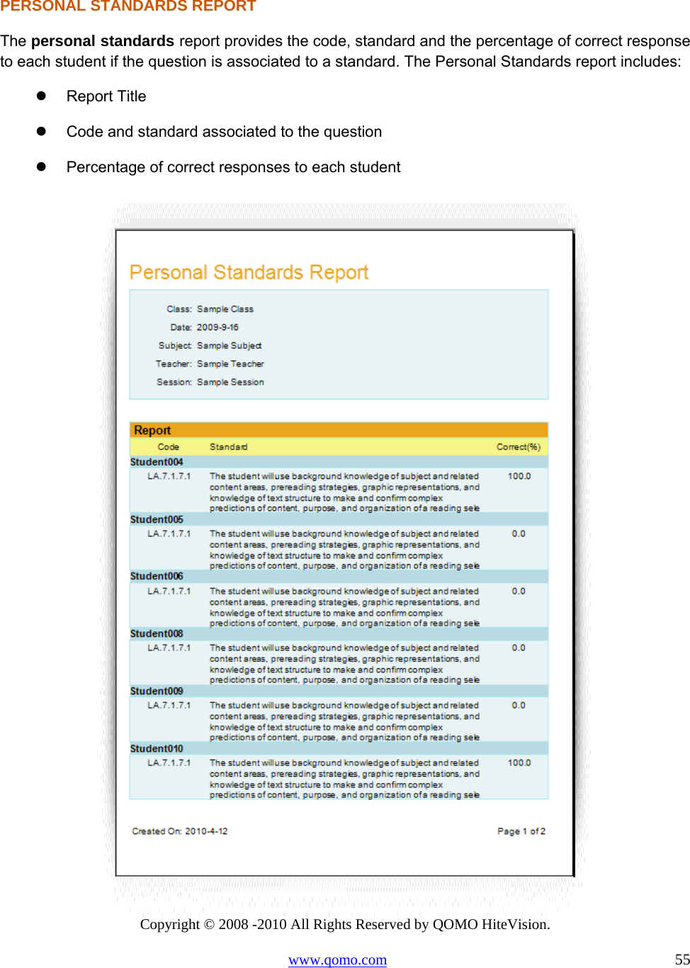 Copyright © 2008 -2010 All Rights Reserved by QOMO HiteVision. www.qomo.com                                                                          55  PERSONAL STANDARDS REPORT The personal standards report provides the code, standard and the percentage of correct response to each student if the question is associated to a standard. The Personal Standards report includes:   Report Title   Code and standard associated to the question   Percentage of correct responses to each student   