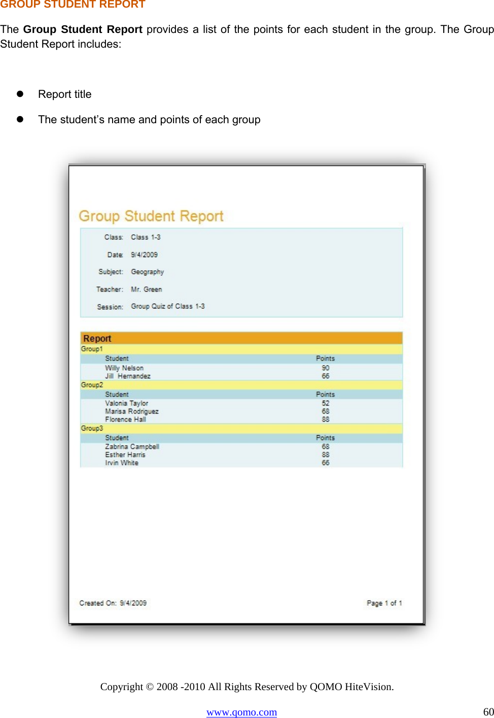 Copyright © 2008 -2010 All Rights Reserved by QOMO HiteVision. www.qomo.com                                                                          60 GROUP STUDENT REPORT  The Group Student Report provides a list of the points for each student in the group. The Group Student Report includes:    Report title   The student’s name and points of each group     