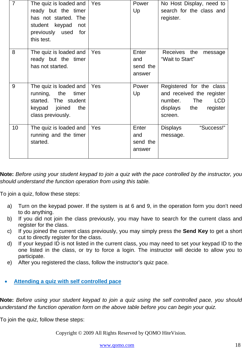 Copyright © 2009 All Rights Reserved by QOMO HiteVision. www.qomo.com                                                                          18  7  The quiz is loaded and ready but the timer has not started. The student keypad not previously used for this test. Yes Power Up No Host Display, need to search for the class and register. 8  The quiz is loaded and ready but the timer has not started. Yes Enter and send the answer  Receives the message “Wait to Start” 9  The quiz is loaded and running, the timer started. The student keypad joined the class previously. Yes Power Up Registered for the class and received the register number. The LCD displays the register screen. 10  The quiz is loaded and running and the timer started. Yes Enter and send the answer Displays “Success!” message.  Note: Before using your student keypad to join a quiz with the pace controlled by the instructor, you should understand the function operation from using this table.   To join a quiz, follow these steps: a)  Turn on the keypad power. If the system is at 6 and 9, in the operation form you don’t need to do anything.  b)  If you did not join the class previously, you may have to search for the current class and register for the class. c)  If you joined the current class previously, you may simply press the Send Key to get a short cut to directly register for the class. d)  If your keypad ID is not listed in the current class, you may need to set your keypad ID to the one listed in the class, or try to force a login. The instructor will decide to allow you to participate.  e)  After you registered the class, follow the instructor’s quiz pace.   •  Attending a quiz with self controlled pace  Note: Before using your student keypad to join a quiz using the self controlled pace, you should understand the function operation form on the above table before you can begin your quiz. To join the quiz, follow these steps: 