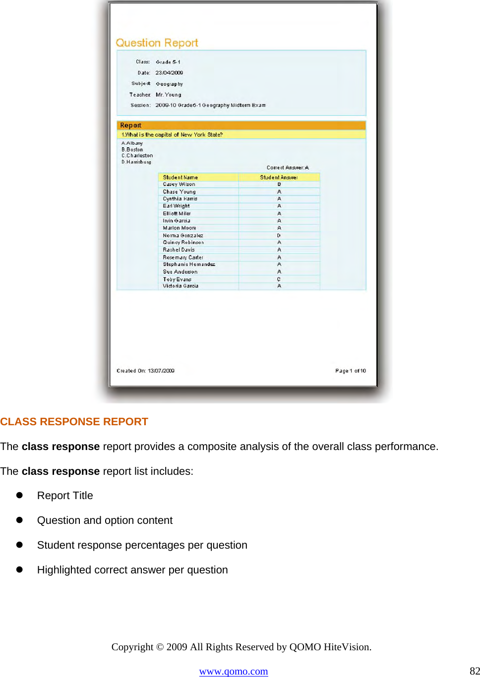 Copyright © 2009 All Rights Reserved by QOMO HiteVision. www.qomo.com                                                                          82   CLASS RESPONSE REPORT The class response report provides a composite analysis of the overall class performance.  The class response report list includes:   Report Title   Question and option content   Student response percentages per question   Highlighted correct answer per question 