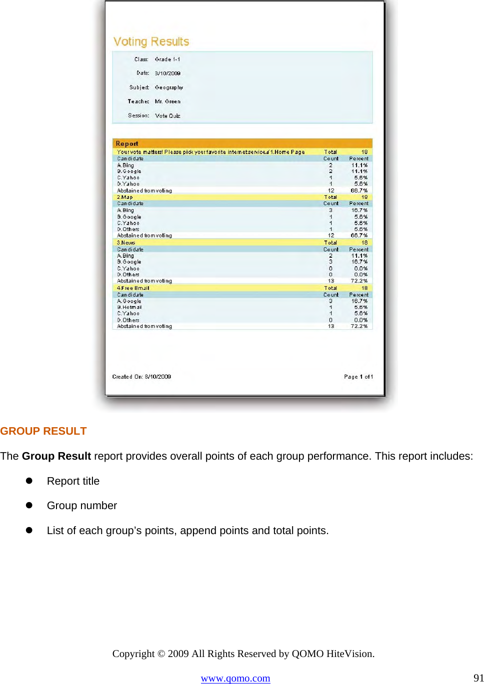 Copyright © 2009 All Rights Reserved by QOMO HiteVision. www.qomo.com                                                                          91   GROUP RESULT The Group Result report provides overall points of each group performance. This report includes:   Report title   Group number   List of each group’s points, append points and total points. 