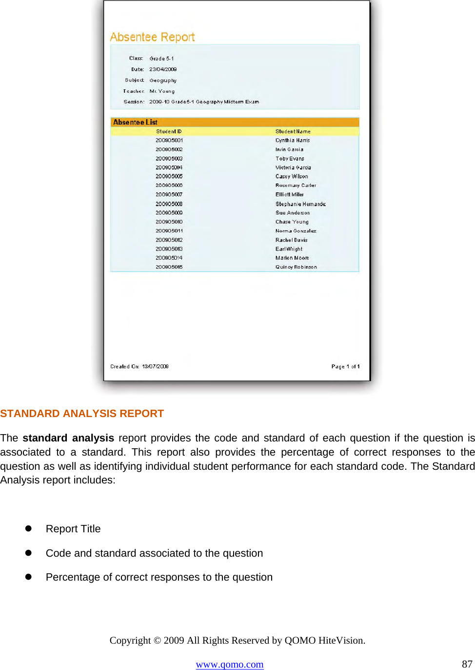 Copyright © 2009 All Rights Reserved by QOMO HiteVision. www.qomo.com                                                                          87   STANDARD ANALYSIS REPORT The standard analysis report provides the code and standard of each question if the question is associated to a standard. This report also provides the percentage of correct responses to the question as well as identifying individual student performance for each standard code. The Standard Analysis report includes:    Report Title   Code and standard associated to the question   Percentage of correct responses to the question 