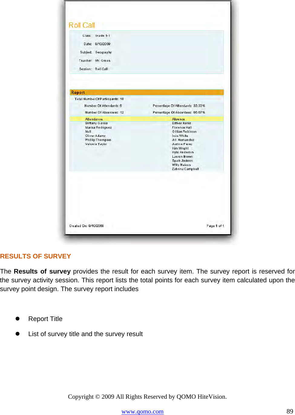 Copyright © 2009 All Rights Reserved by QOMO HiteVision. www.qomo.com                                                                          89   RESULTS OF SURVEY The Results of survey provides the result for each survey item. The survey report is reserved for the survey activity session. This report lists the total points for each survey item calculated upon the survey point design. The survey report includes    Report Title   List of survey title and the survey result 