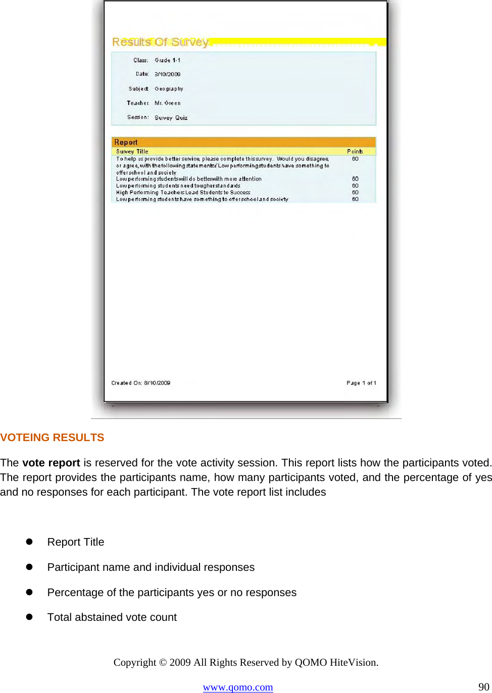 Copyright © 2009 All Rights Reserved by QOMO HiteVision. www.qomo.com                                                                          90   VOTEING RESULTS The vote report is reserved for the vote activity session. This report lists how the participants voted. The report provides the participants name, how many participants voted, and the percentage of yes and no responses for each participant. The vote report list includes    Report Title   Participant name and individual responses   Percentage of the participants yes or no responses    Total abstained vote count  