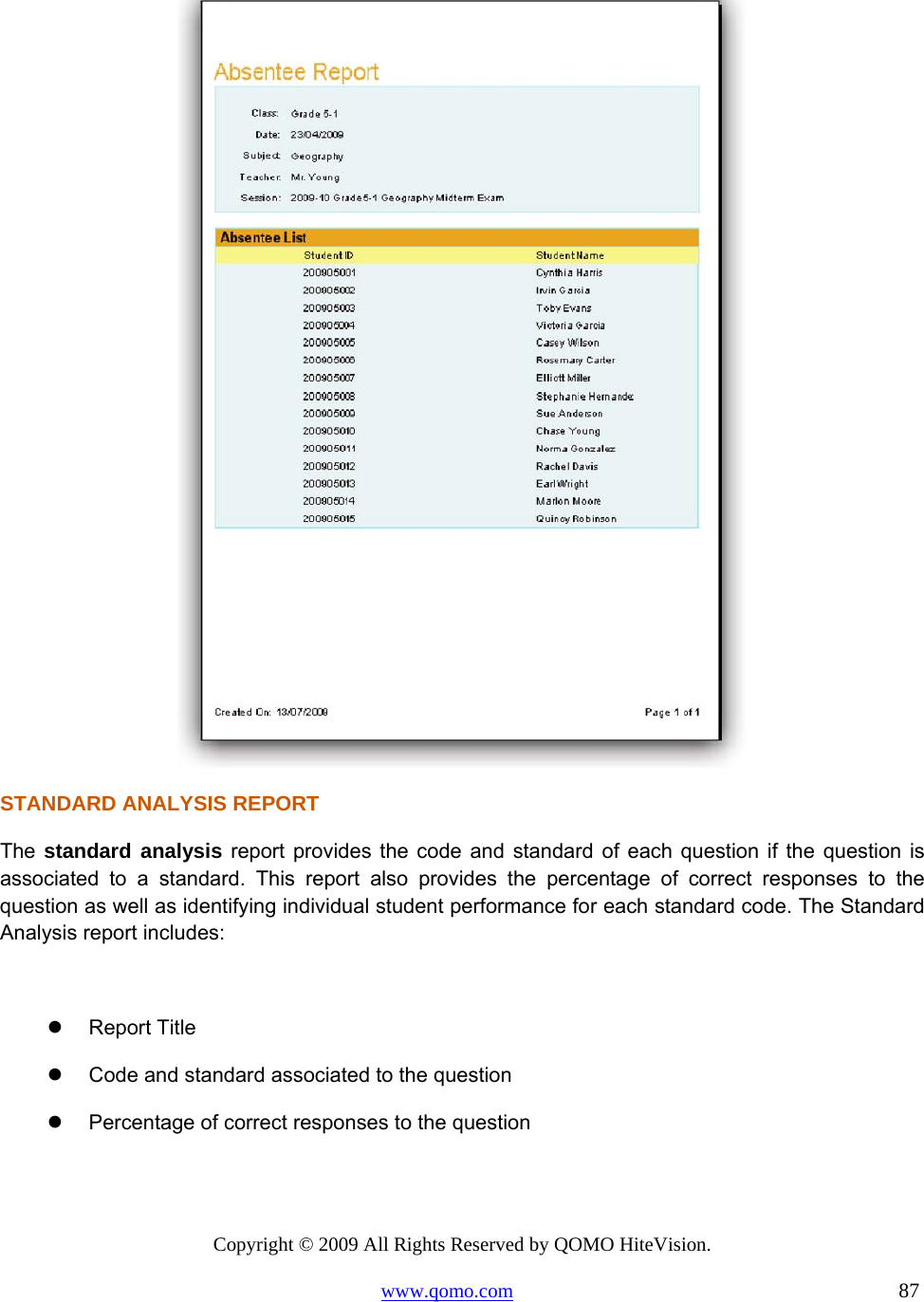 Copyright © 2009 All Rights Reserved by QOMO HiteVision. www.qomo.com                                                                          87   STANDARD ANALYSIS REPORT The  standard analysis report provides the code and standard of each question if the question is associated to a standard. This report also provides the percentage of correct responses to the question as well as identifying individual student performance for each standard code. The Standard Analysis report includes:    Report Title   Code and standard associated to the question   Percentage of correct responses to the question 