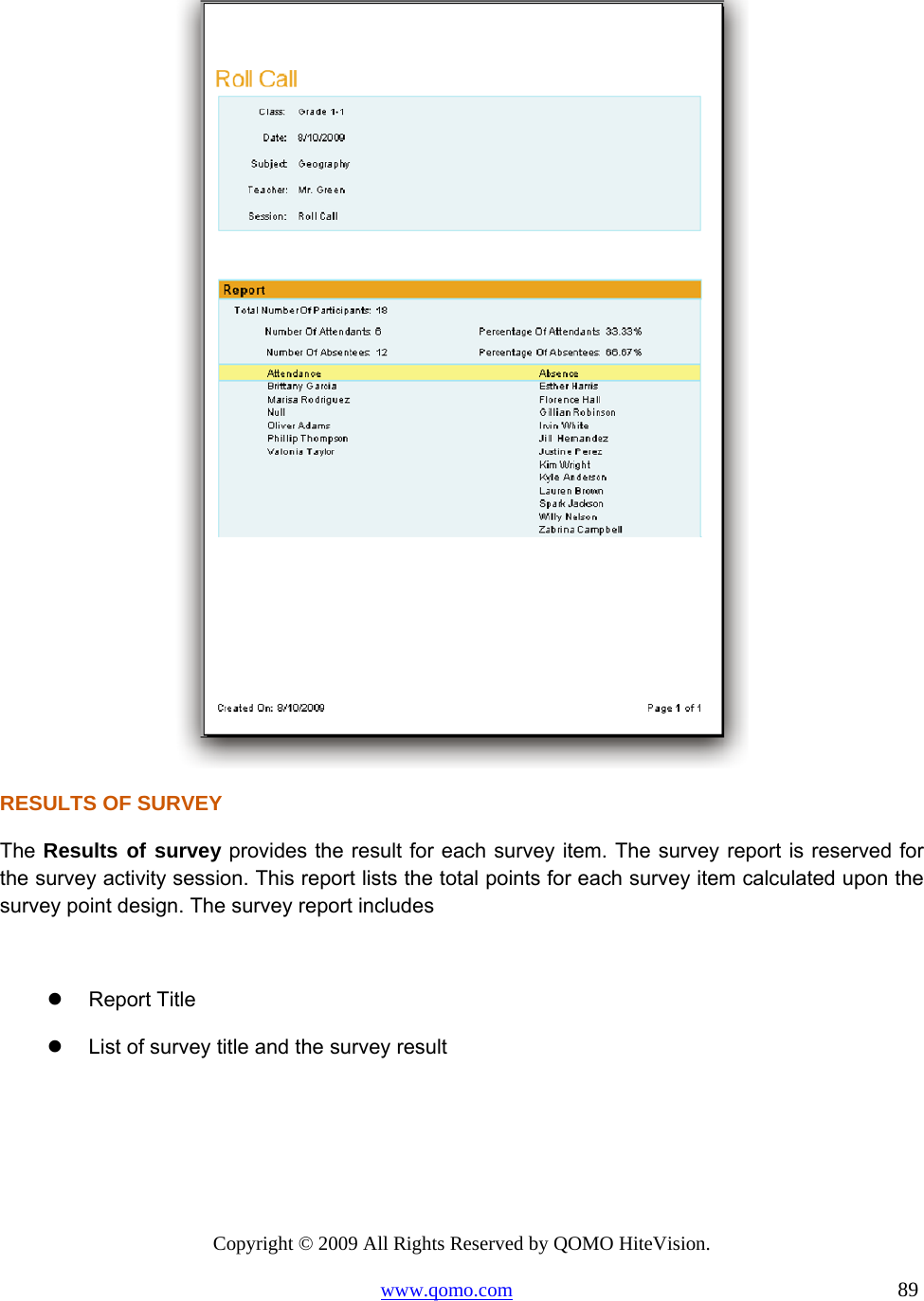 Copyright © 2009 All Rights Reserved by QOMO HiteVision. www.qomo.com                                                                          89   RESULTS OF SURVEY The Results of survey provides the result for each survey item. The survey report is reserved for the survey activity session. This report lists the total points for each survey item calculated upon the survey point design. The survey report includes    Report Title   List of survey title and the survey result 