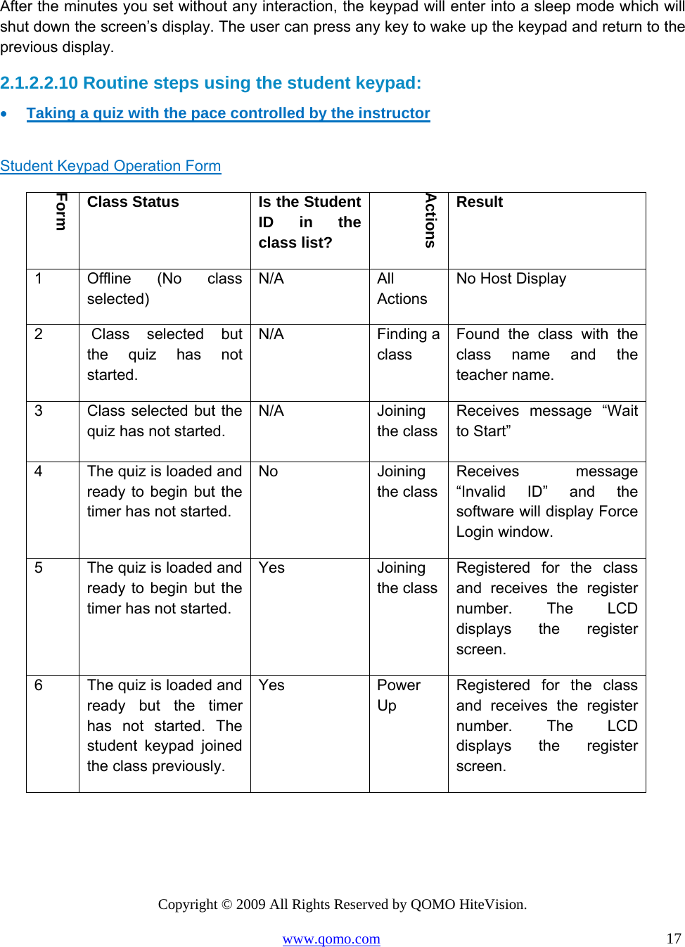 Copyright © 2009 All Rights Reserved by QOMO HiteVision. www.qomo.com                                                                          17   After the minutes you set without any interaction, the keypad will enter into a sleep mode which will shut down the screen’s display. The user can press any key to wake up the keypad and return to the previous display. 2.1.2.2.10 Routine steps using the student keypad: •  Taking a quiz with the pace controlled by the instructor  Student Keypad Operation Form Form Class Status  Is the Student ID in the class list? Actions Result 1  Offline (No class selected) N/A All Actions No Host Display 2  Class selected but the quiz has not started. N/A Finding a class Found the class with the class name and the teacher name. 3  Class selected but the quiz has not started. N/A Joining the classReceives message “Wait to Start”  4  The quiz is loaded and ready to begin but the timer has not started. No Joining the classReceives message “Invalid ID” and the software will display Force Login window. 5  The quiz is loaded and ready to begin but the timer has not started. Yes Joining the classRegistered for the class and receives the register number. The LCD displays the register screen. 6  The quiz is loaded and ready but the timer has not started. The student keypad joined the class previously. Yes Power Up Registered for the class and receives the register number. The LCD displays the register screen. 