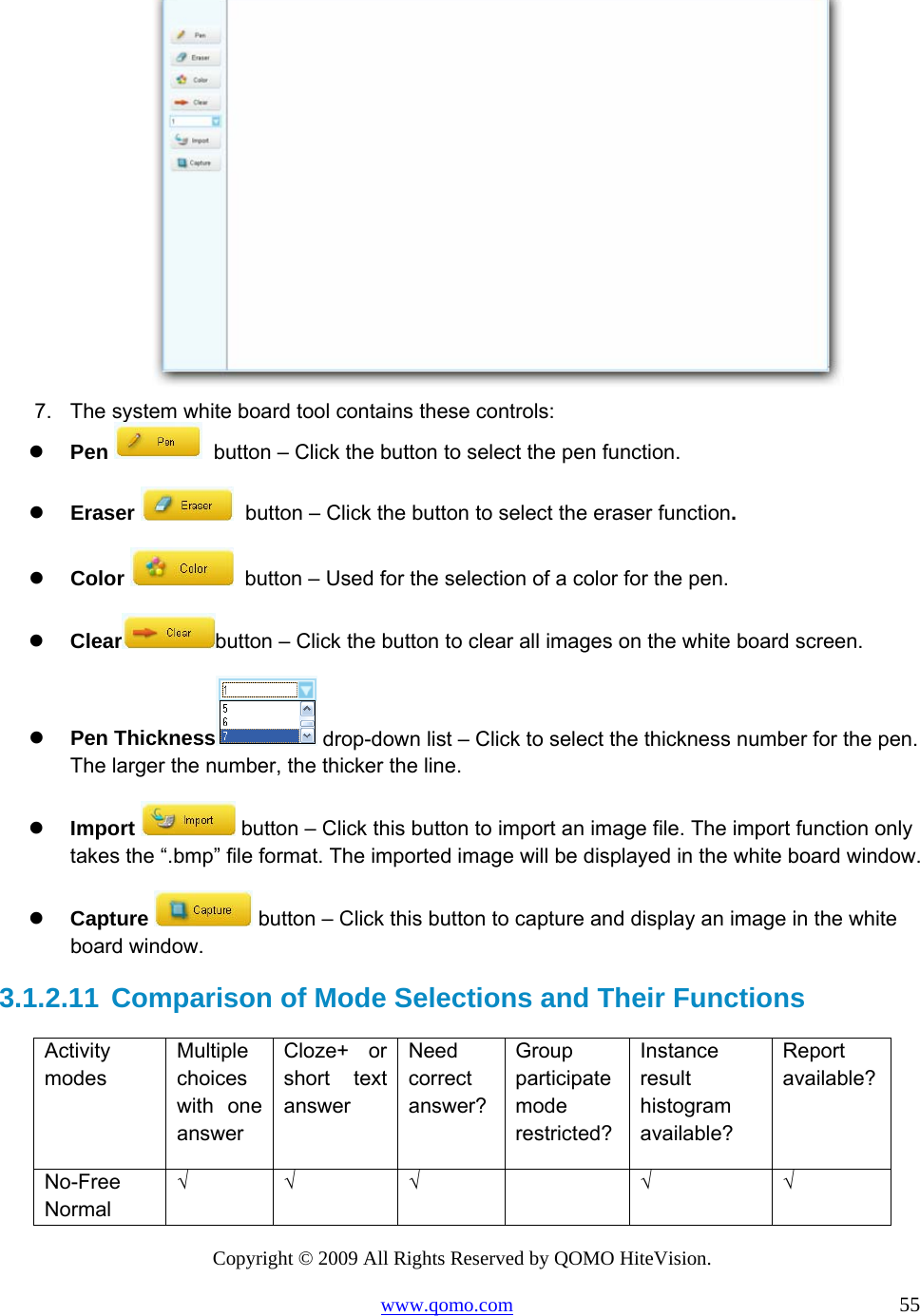 Copyright © 2009 All Rights Reserved by QOMO HiteVision. www.qomo.com                                                                          55   7.  The system white board tool contains these controls:   Pen    button – Click the button to select the pen function.   Eraser    button – Click the button to select the eraser function.   Color    button – Used for the selection of a color for the pen.   Clear button – Click the button to clear all images on the white board screen.   Pen Thickness  drop-down list – Click to select the thickness number for the pen. The larger the number, the thicker the line.   Import   button – Click this button to import an image file. The import function only takes the “.bmp” file format. The imported image will be displayed in the white board window.   Capture   button – Click this button to capture and display an image in the white board window. 3.1.2.11 Comparison of Mode Selections and Their Functions Activity modes Multiple choices with one answer Cloze+ or short text answer Need correct answer?Group participate mode restricted?Instance result histogram available? Report available?No-Free Normal √ √ √   √ √ 