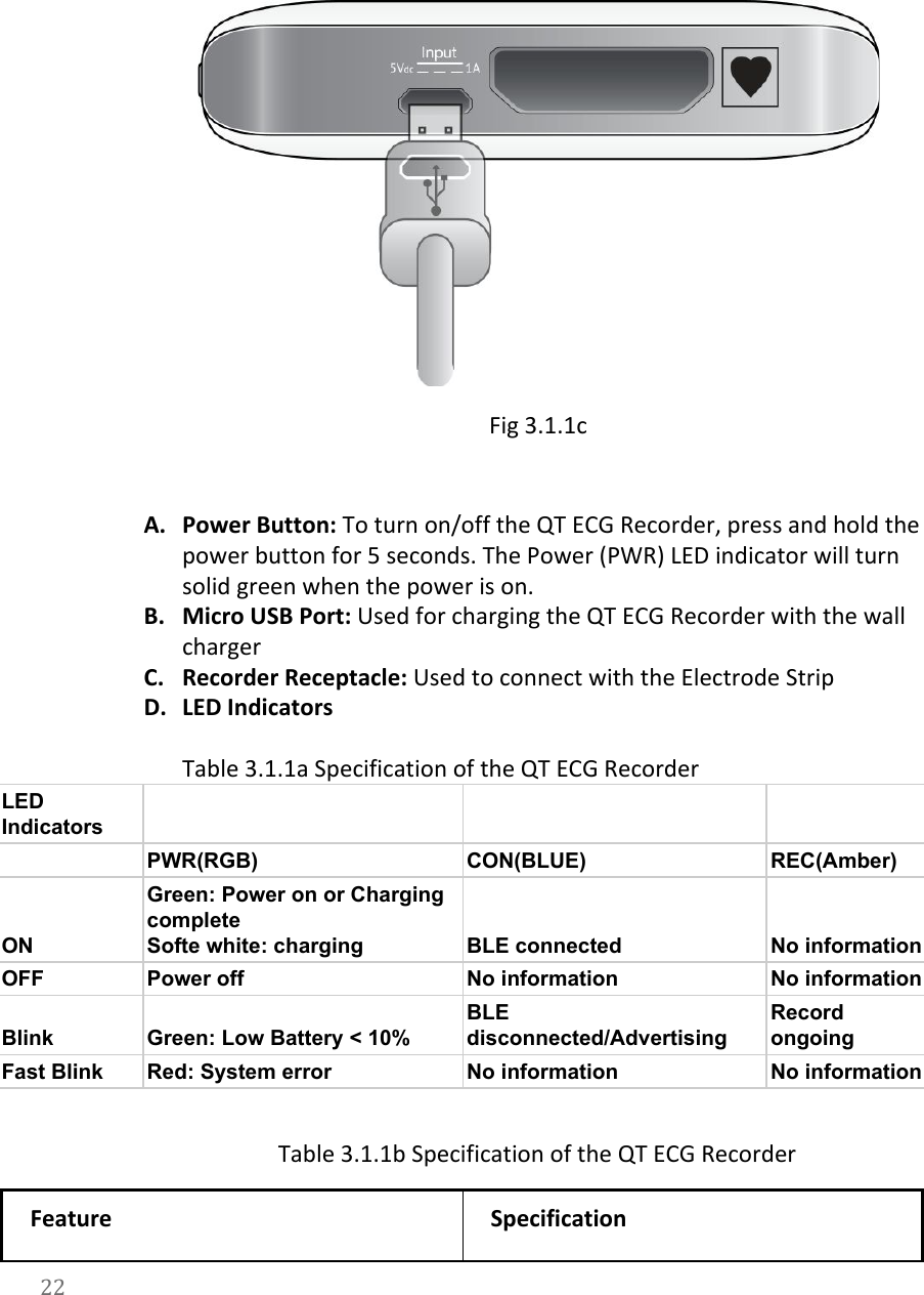    Fig 3.1.1c  A. Power Button: To turn on/off the QT ECG Recorder, press and hold the power button for 5 seconds. The Power (PWR) LED indicator will turn solid green when the power is on. B. Micro USB Port: Used for charging the QT ECG Recorder with the wall charger  C. Recorder Receptacle: Used to connect with the Electrode Strip D. LED Indicators  Table 3.1.1a Specification of the QT ECG Recorder LED Indicators     PWR(RGB) CON(BLUE) REC(Amber) ON Green: Power on or Charging complete Softe white: charging BLE connected No information OFF Power off No information No information Blink Green: Low Battery < 10% BLE disconnected/Advertising Record ongoing Fast Blink Red: System error No information No information  Table 3.1.1b Specification of the QT ECG Recorder Feature Specification 22  