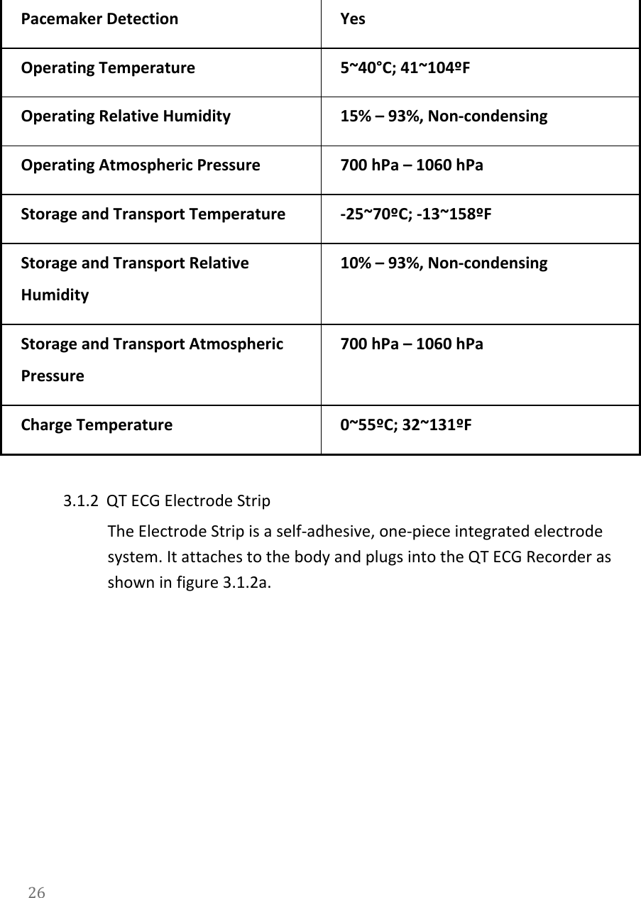   Pacemaker Detection Yes Operating Temperature 5~40&deg;C; 41~104&ordm;F Operating Relative Humidity 15% &ndash; 93%, Non-condensing Operating Atmospheric Pressure 700 hPa &ndash; 1060 hPa Storage and Transport Temperature -25~70&ordm;C; -13~158&ordm;F Storage and Transport Relative Humidity 10% &ndash; 93%, Non-condensing Storage and Transport Atmospheric Pressure 700 hPa &ndash; 1060 hPa Charge Temperature 0~55&ordm;C; 32~131&ordm;F  3.1.2 QT ECG Electrode Strip The Electrode Strip is a self-adhesive, one-piece integrated electrode system. It attaches to the body and plugs into the QT ECG Recorder as shown in figure 3.1.2a. 26  