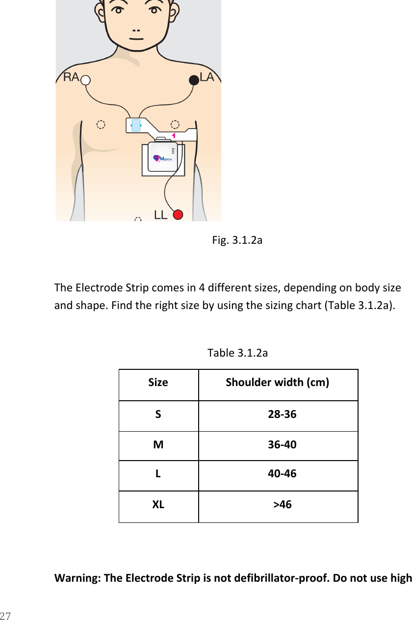    Fig. 3.1.2a  The Electrode Strip comes in 4 different sizes, depending on body size and shape. Find the right size by using the sizing chart (Table 3.1.2a).  Table 3.1.2a  Size Shoulder width (cm) S 28-36 M 36-40 L 40-46 XL >46   Warning: The Electrode Strip is not defibrillator-proof. Do not use high 27  