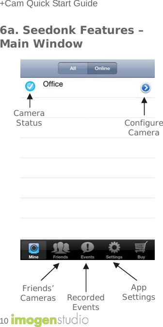 +Cam Quick Start Guide 6a. Seedonk Features – Main Window Configure Camera Camera Status 10    Friends’ Cameras Recorded Events App Settings 