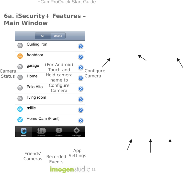 +CamProQuick Start Guide 11 6a. iSecurity+ Features – Main Window Friends’ Cameras Recorded Events App Settings Camera Status  Configure Camera (For Android) Touch and Hold camera name to Configure Camera 