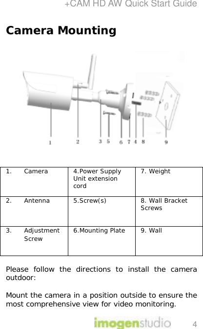 +CAM HD AW Quick Start Guide 4 Camera Mounting    1. Camera  4.Power Supply Unit extension cord 7. Weight 2. Antenna  5.Screw(s)  8. Wall Bracket Screws 3. Adjustment Screw  6.Mounting Plate  9. Wall  Please follow the directions to install the camera outdoor:  Mount the camera in a position outside to ensure the most comprehensive view for video monitoring. 