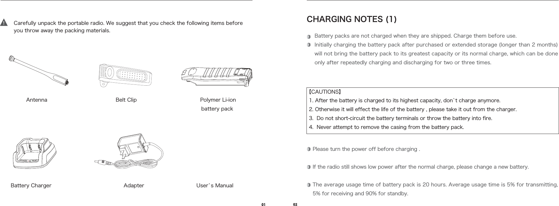 !0102Carefully unpack the portable radio. We suggest that you check the following items before you throw away the packing materials.Antenna Belt ClipBattery Charger User`s ManualPolymer Li-ionbattery pack Battery packs are not charged when they are shipped. Charge them before use.Initially charging the battery pack after purchased or extended storage (longer than 2 months) will not bring the battery pack to its greatest capacity or its normal charge, which can be done only after repeatedly charging and discharging for two or three times.CHARGING NOTES (1)【CAUTIONS】1. After the battery is charged to its highest capacity, don`t charge anymore. 2. Otherwise it will effect the life of the battery , please take it out from the charger.3.  Do not short-circuit the battery terminals or throw the battery into fire. 4.  Never attempt to remove the casing from the battery pack.Please turn the power off before charging .If the radio still shows low power after the normal charge, please change a new battery.The average usage time of battery pack is 20 hours. Average usage time is 5% for transmitting, 5% for receiving and 90% for standby.Adapter