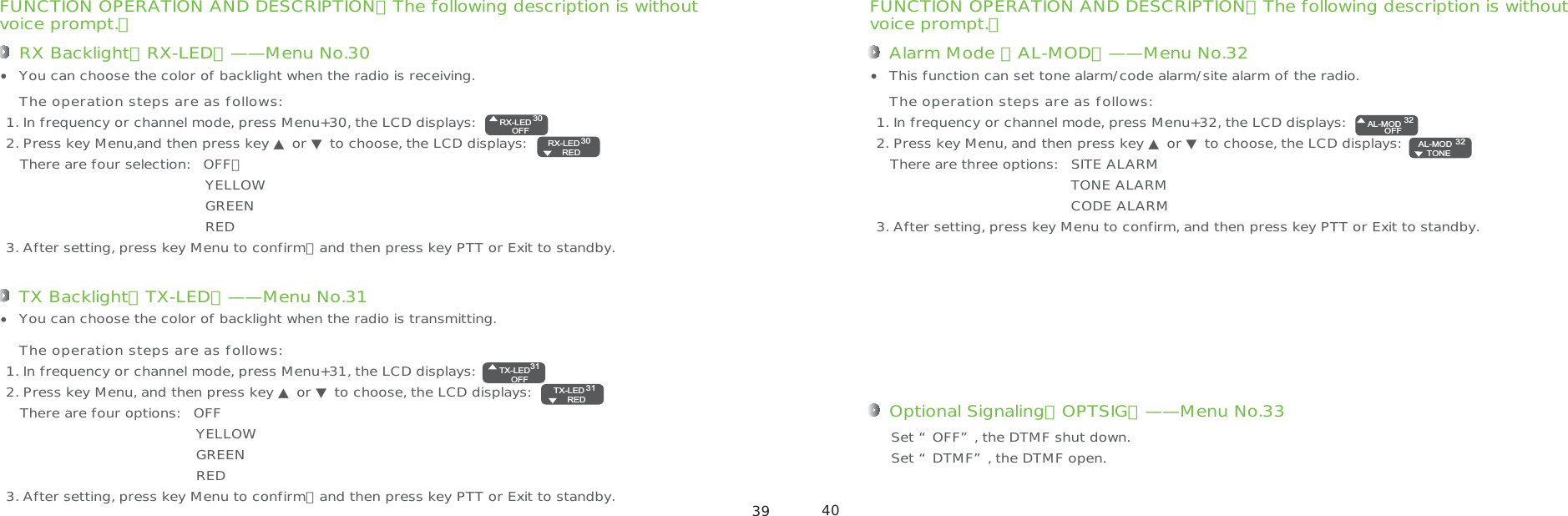 FUNCTION OPERATION AND DESCRIPTION（The following description is withoutvoice prompt.）RX Backlight（RX-LED）——Menu No.301. In frequency or channel mode, press Menu+30, the LCD displays:2. Press key Menu,and then press key ▲ or ▼ to choose, the LCD displays:   There are four selection:   OFF：                                           YELLOW                                           GREEN                                           RED3. After setting, press key Menu to confirm，and then press key PTT or Exit to standby.You can choose the color of backlight when the radio is receiving.The operation steps are as follows:TX Backlight（TX-LED）——Menu No.311. In frequency or channel mode, press Menu+31, the LCD displays:2. Press key Menu, and then press key ▲ or ▼ to choose, the LCD displays:   There are four options:   OFF                                         YELLOW                                         GREEN                                         RED3. After setting, press key Menu to confirm，and then press key PTT or Exit to standby.You can choose the color of backlight when the radio is transmitting. The operation steps are as follows:FUNCTION OPERATION AND DESCRIPTION（The following description is withoutvoice prompt.）Alarm Mode （AL-MOD）——Menu No.321. In frequency or channel mode, press Menu+32, the LCD displays:2. Press key Menu, and then press key ▲ or ▼ to choose, the LCD displays:   There are three options:   SITE ALARM                                          TONE ALARM                                          CODE ALARM3. After setting, press key Menu to confirm, and then press key PTT or Exit to standby.This function can set tone alarm/code alarm/site alarm of the radio.The operation steps are as follows:Optional Signaling（OPTSIG）——Menu No.33Set “OFF”, the DTMF shut down.Set “DTMF”, the DTMF open.RX-LEDOFF3030RX-LED  REDTX-LEDOFF3131TX-LED  REDAL-MODOFF3232AL-MOD   TONE 39 40