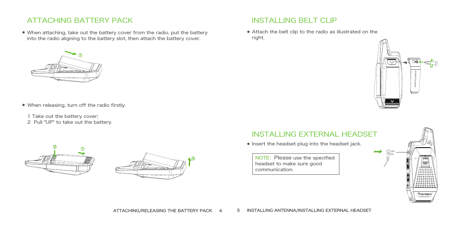 ●●When releasing, turn off the radio firstly.ATTACHING BATTERY PACK1 Take out the battery cover;2  Pull &quot;UP&quot; to take out the battery.When attaching, take out the battery cover from the radio, put the battery into the radio aligning to the battery slot, then attach the battery cover.ATTACHING/RELEASING THE BATTERY PACK     4 5     INSTALLING ANTENNA/INSTALLING EXTERNAL HEADSET3112●INSTALLING BELT CLIPAttach the belt clip to the radio as illustrated on the right.●INSTALLING EXTERNAL HEADSETInsert the headset plug into the headset jack.NOTE：Please use the specified headset to make sure good communication.up