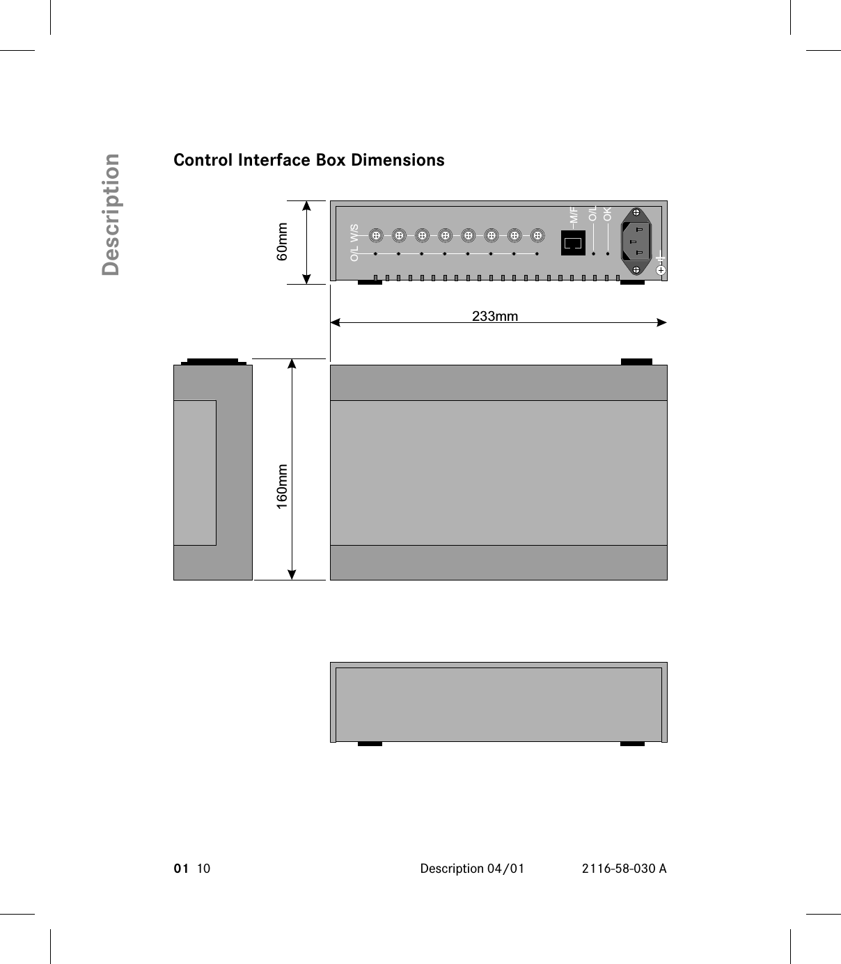 Control Interface Box Dimensions01 10 Description 04/01 2116-58-030 ADescriptionM/FO/LOKO/L W/S60mm233mm160mm