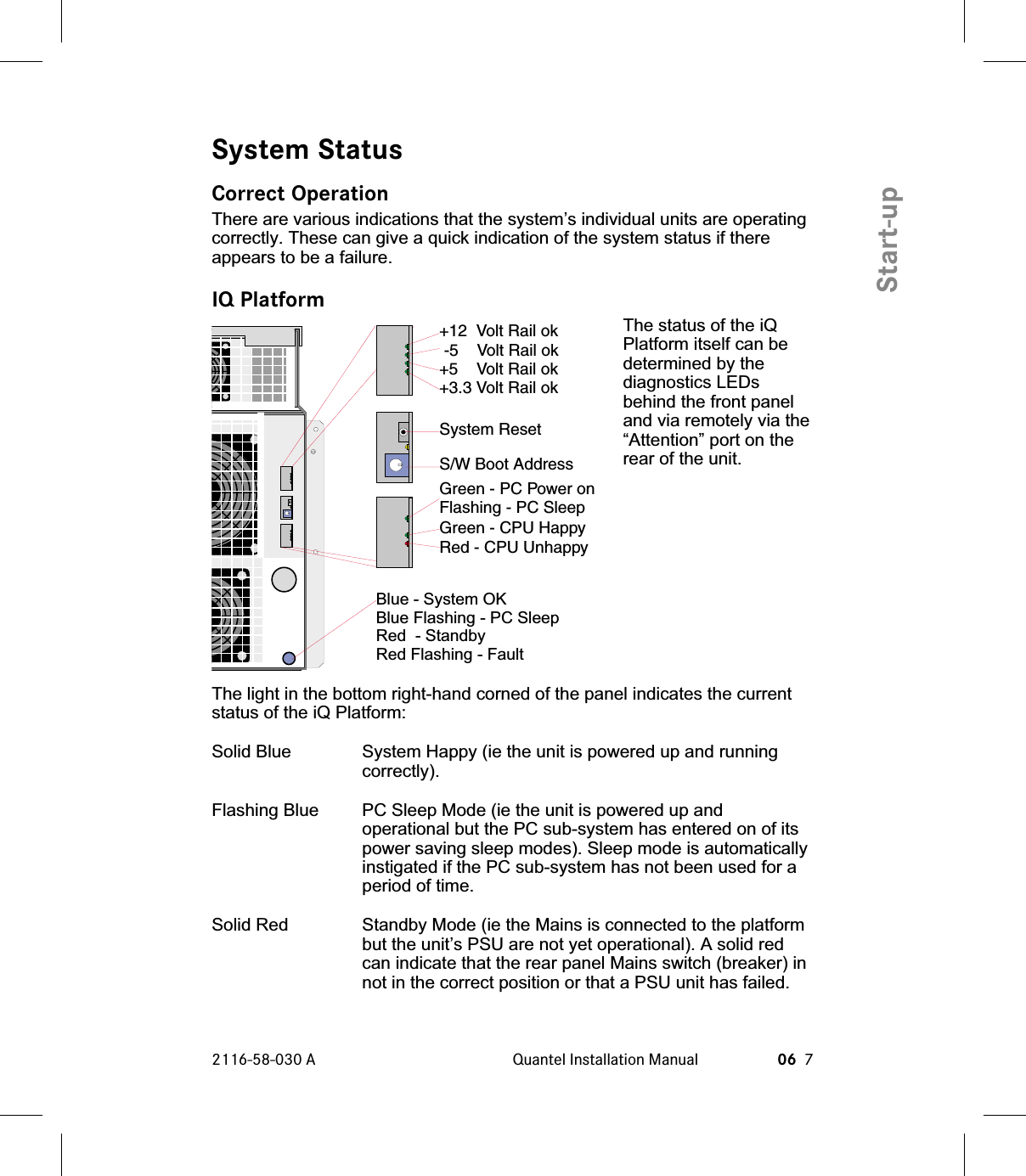System StatusCorrect OperationThere are various indications that the system’s individual units are operatingcorrectly. These can give a quick indication of the system status if thereappears to be a failure.IQ PlatformThe status of the iQPlatform itself can bedetermined by thediagnostics LEDsbehind the front paneland via remotely via the“Attention” port on therear of the unit.The light in the bottom right-hand corned of the panel indicates the currentstatus of the iQ Platform:Solid Blue System Happy (ie the unit is powered up and runningcorrectly).Flashing Blue PC Sleep Mode (ie the unit is powered up andoperational but the PC sub-system has entered on of itspower saving sleep modes). Sleep mode is automaticallyinstigated if the PC sub-system has not been used for aperiod of time.Solid Red Standby Mode (ie the Mains is connected to the platformbut the unit’s PSU are not yet operational). A solid redcan indicate that the rear panel Mains switch (breaker) innot in the correct position or that a PSU unit has failed.2116-58-030 A Quantel Installation Manual 06 7Start-upBlue - System OKBlue Flashing - PC SleepRed - StandbyRed Flashing - FaultSystem ResetS/W Boot Address+12 Volt Rail ok-5 Volt Rail ok+5 Volt Rail ok+3.3 Volt Rail okGreen-PC PoweronFlashing - PC SleepGreen - CPU HappyRed - CPU Unhappy