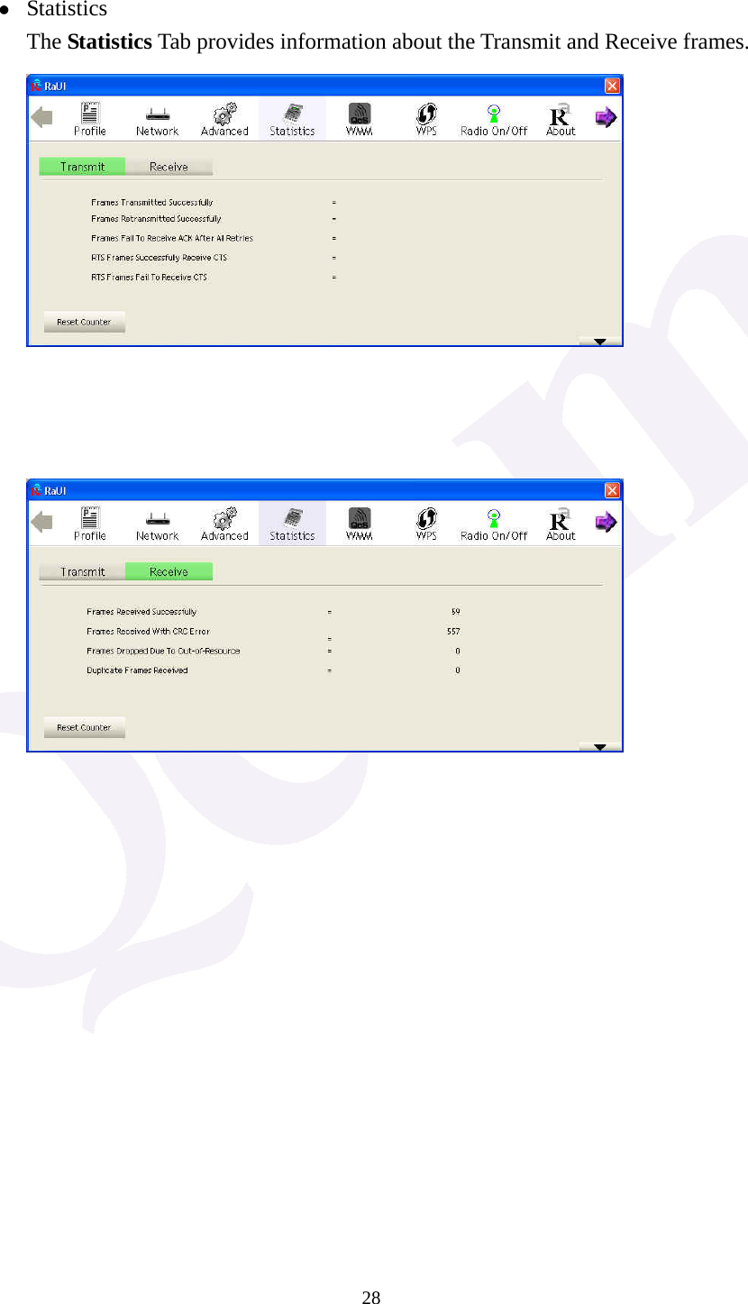  28 z Statistics The Statistics Tab provides information about the Transmit and Receive frames.                    