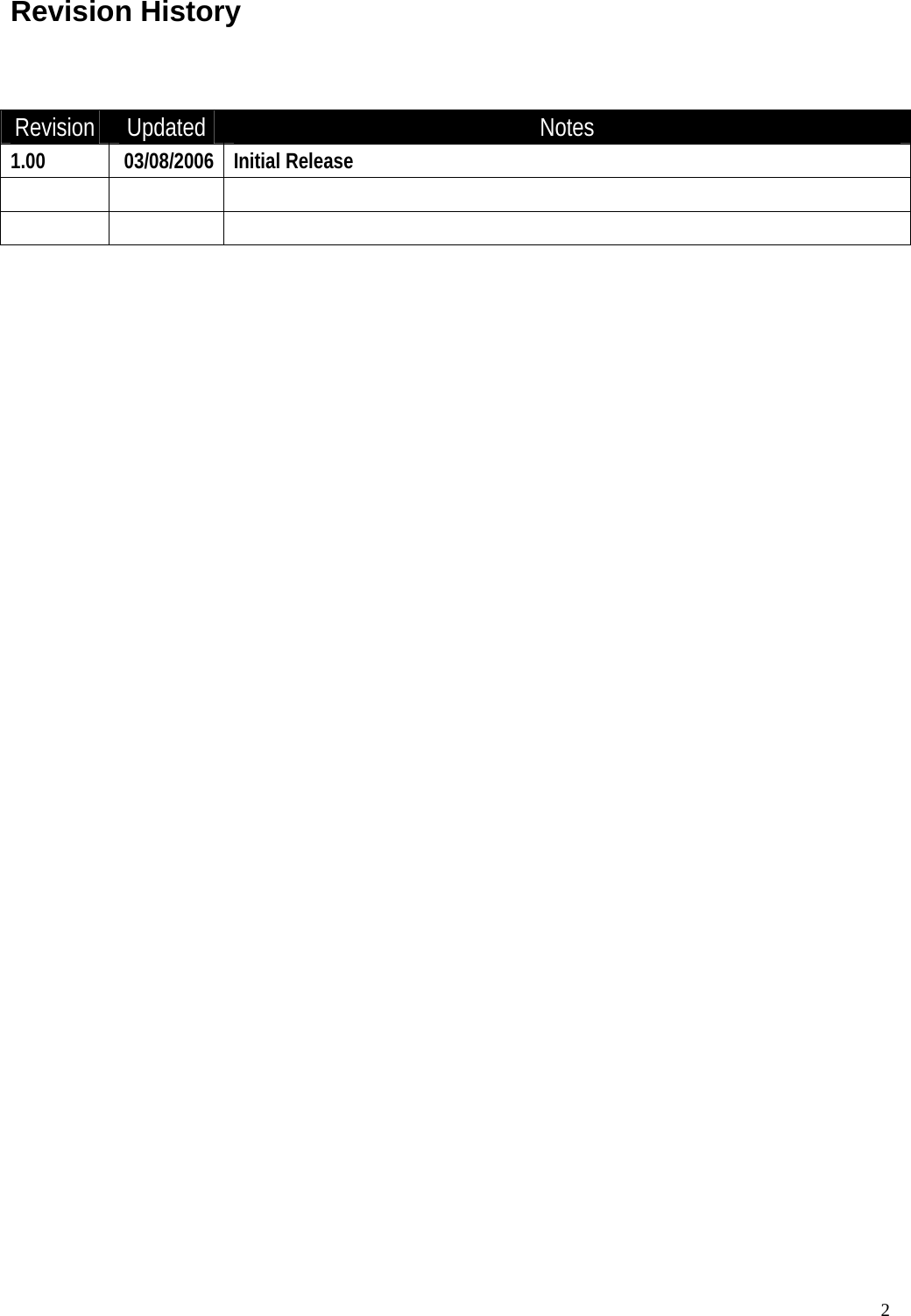  2Revision History   Revision  Updated  Notes 1.00 03/08/2006 Initial Release       