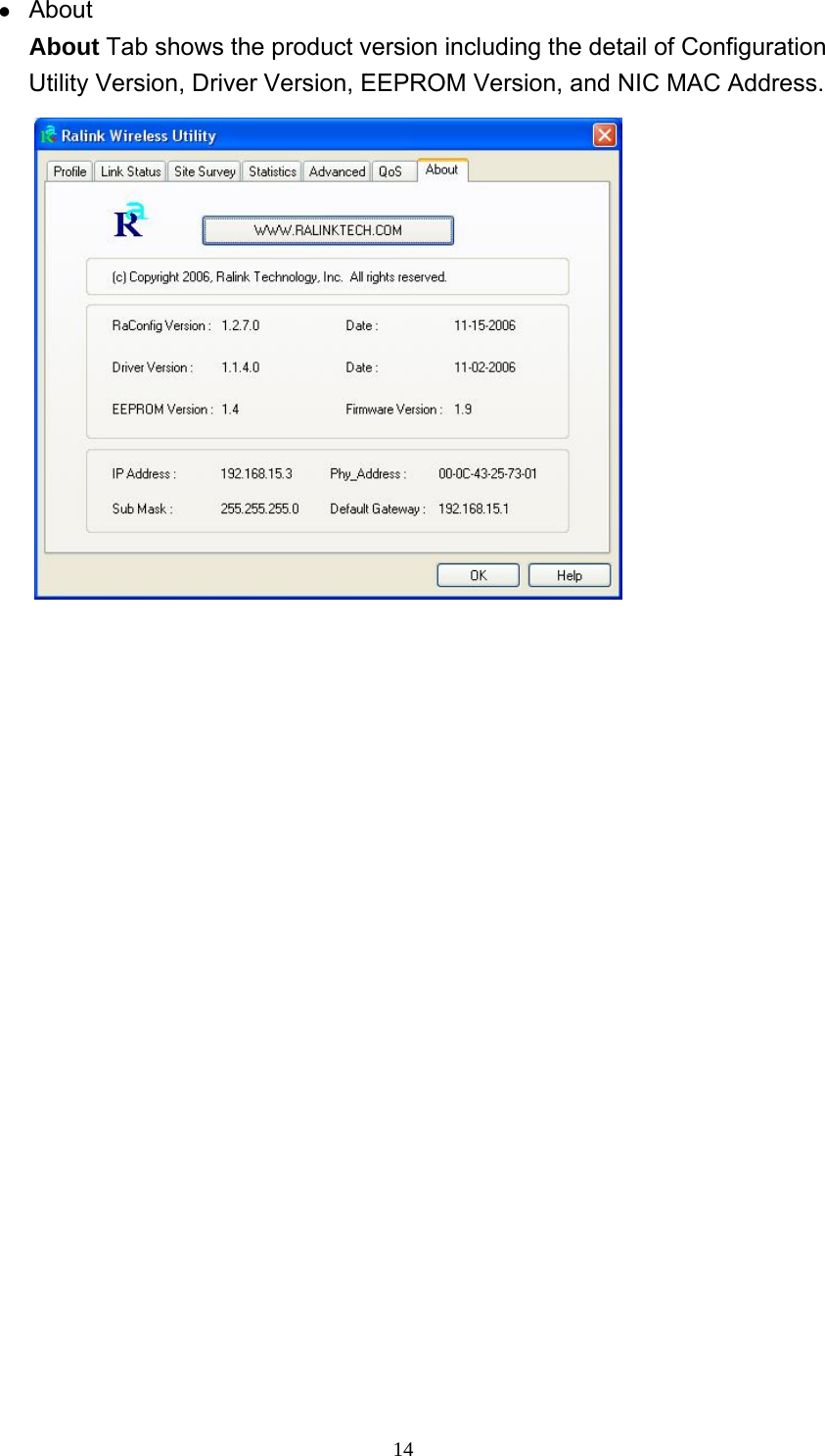  14z About About Tab shows the product version including the detail of Configuration Utility Version, Driver Version, EEPROM Version, and NIC MAC Address.  