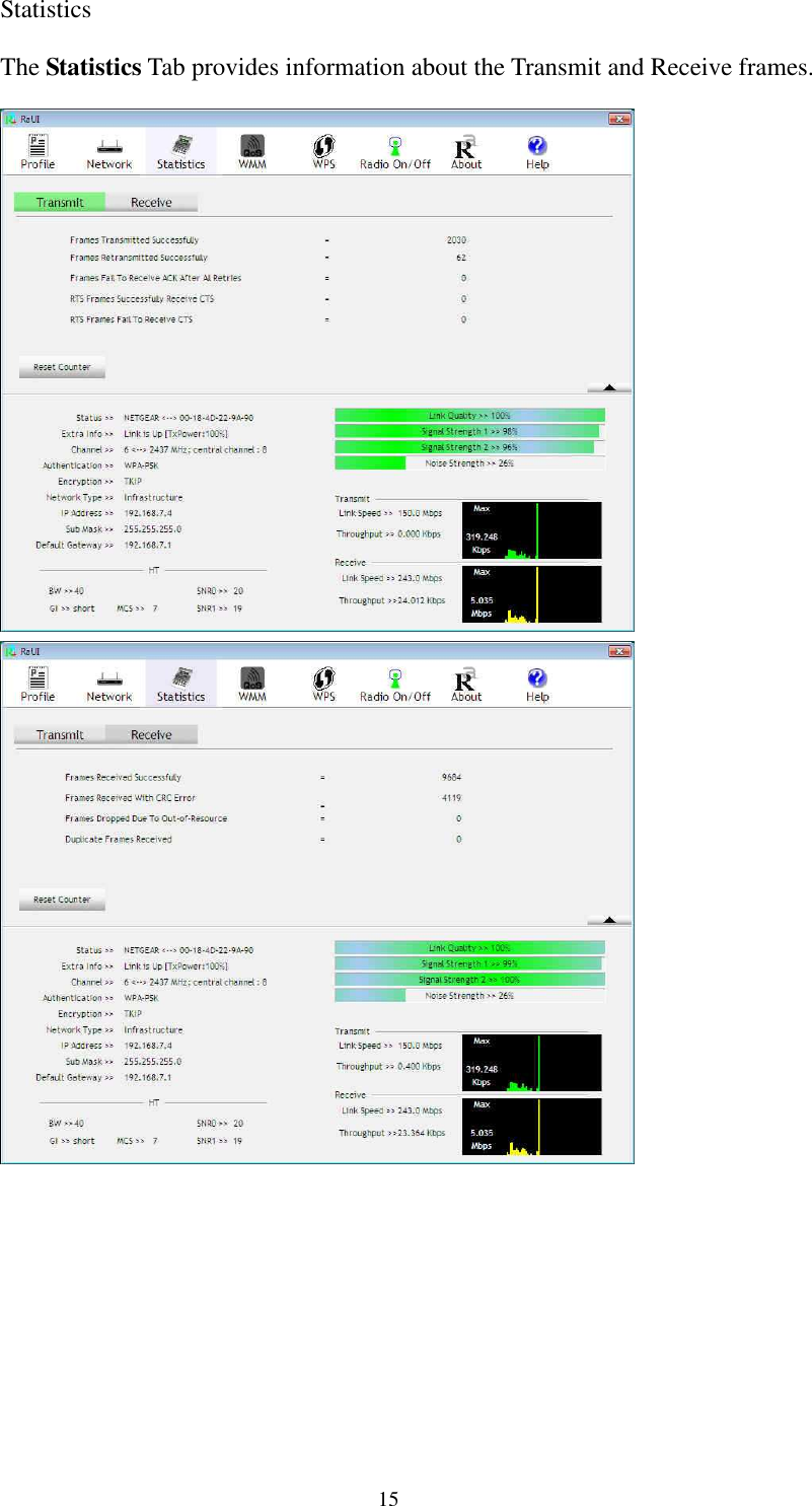   15Statistics The Statistics Tab provides information about the Transmit and Receive frames.    