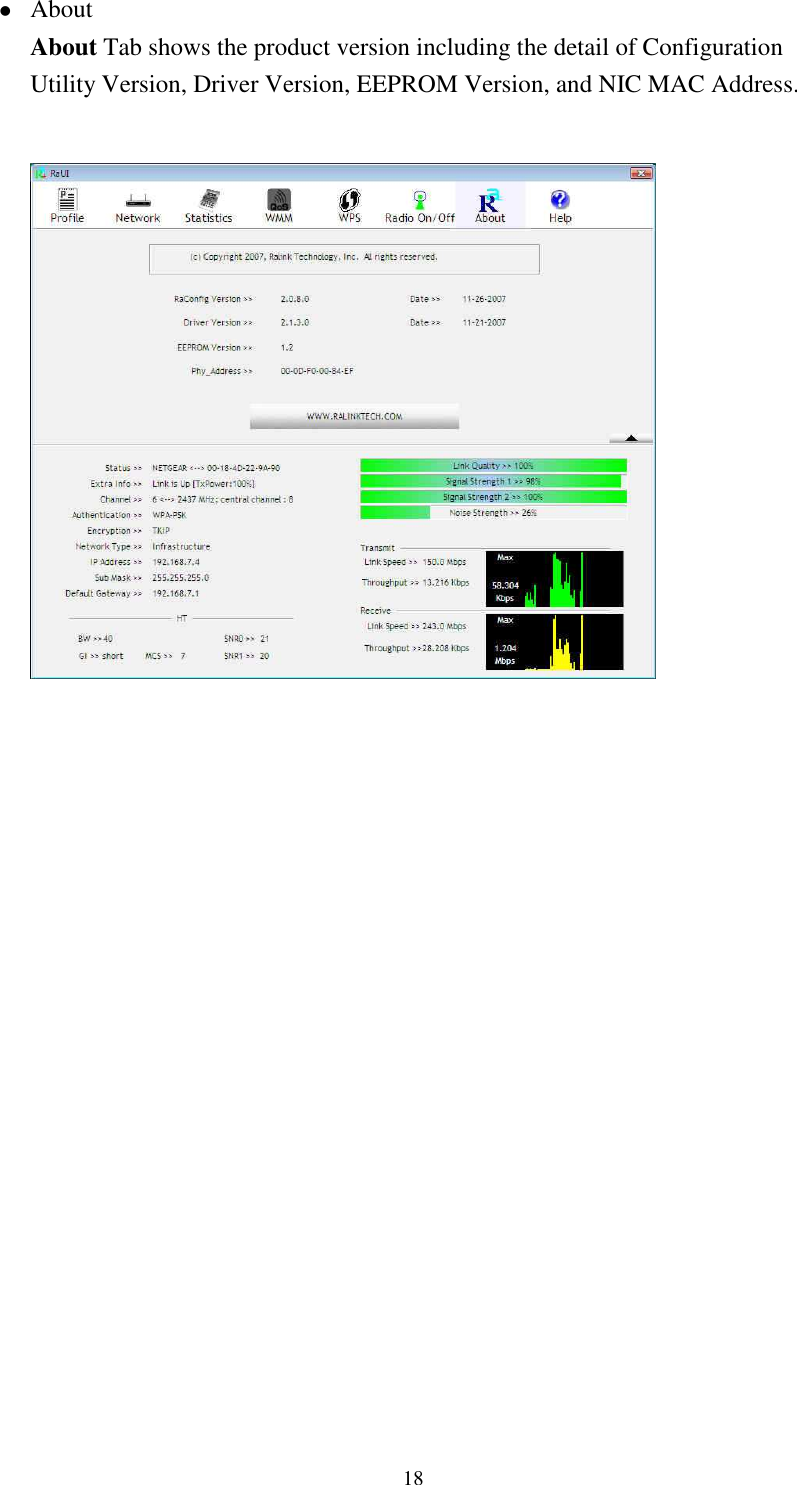   18 About About Tab shows the product version including the detail of Configuration Utility Version, Driver Version, EEPROM Version, and NIC MAC Address.                     